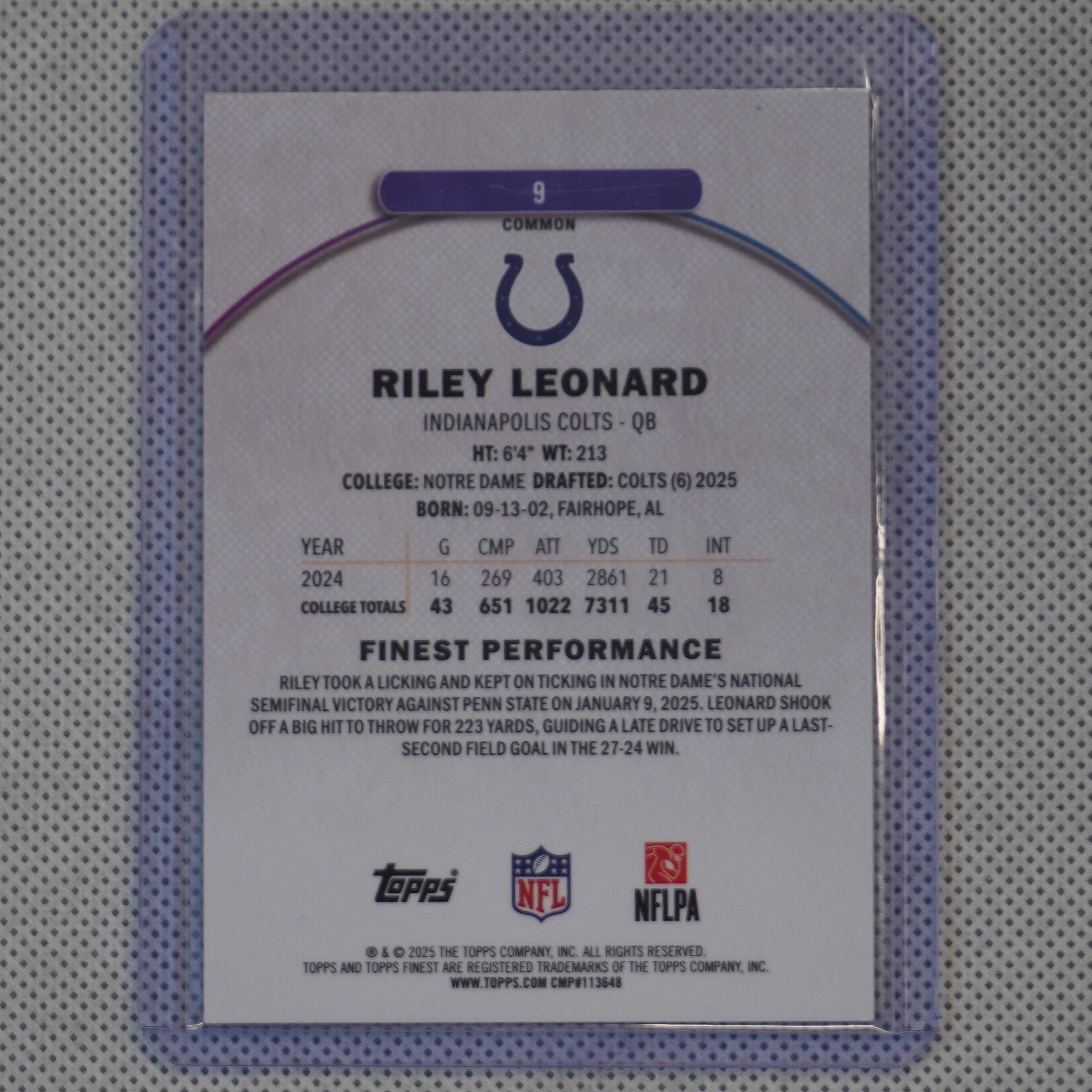 2025 Finest #9 Riley Leonard Indianapolis Colts RC