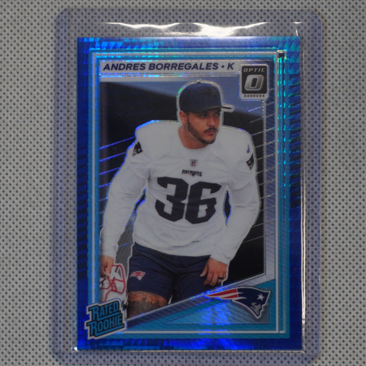 2025 Donruss Optic #287 Andres Borregales Blue Hyper New England Patriots RC