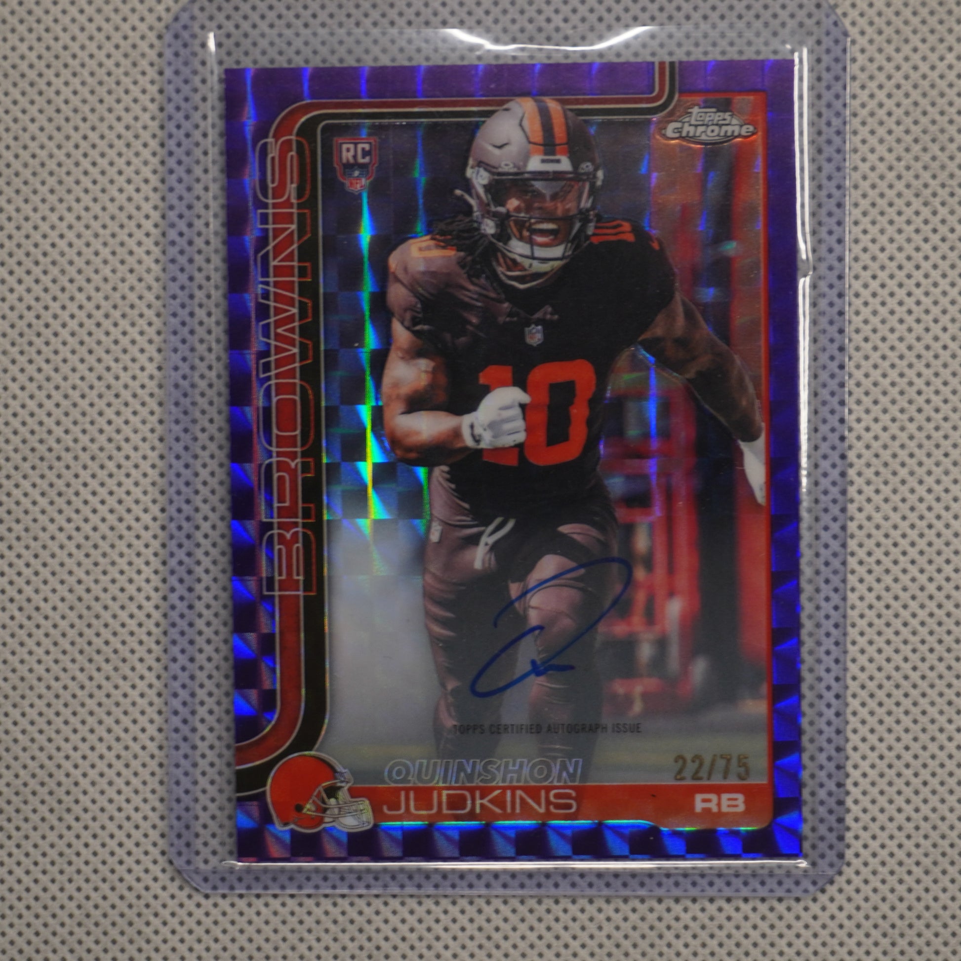 2025 Topps Chrome #RA-QJ Quinshon Judkins Chrome Rookie Autographs Purple Geometric Refractor #/75 Cleveland Browns SN.AU