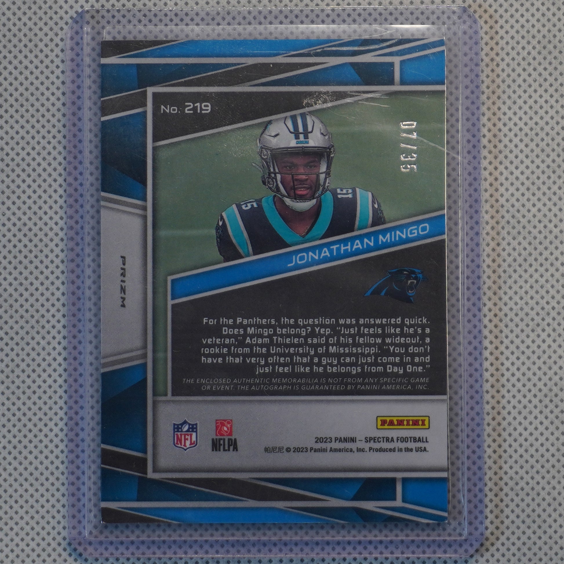 2023 Panini Spectra #219 Jonathan Mingo Rookie Patch Autographs Neon Green #/35 Carolina Panthers SN,MEM,AU