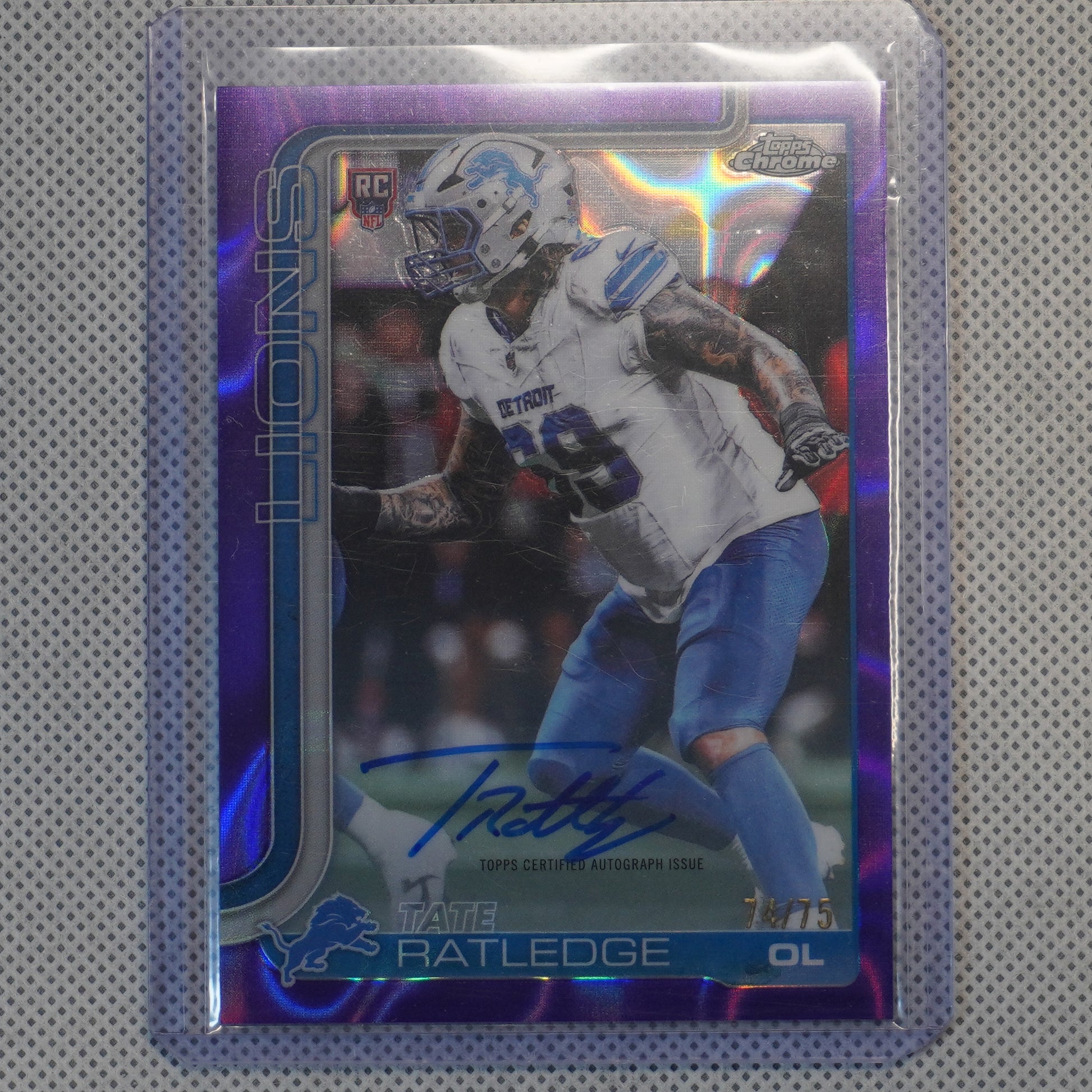 2025 Topps Chrome #RA-TR Tate Ratledge Chrome Rookie Autographs Purple Lava Refractor #/75 Detroit Lions SN,AU