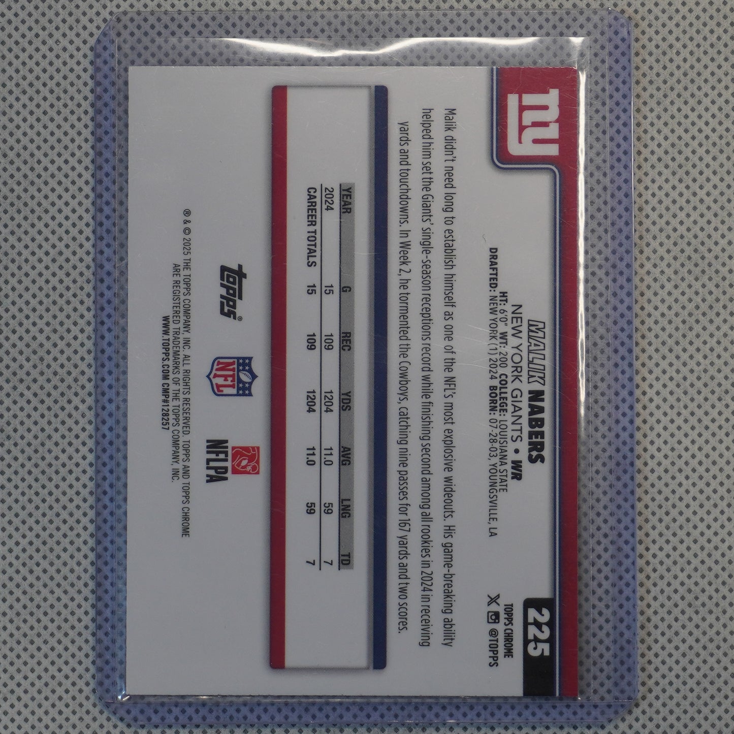 2025 Topps Chrome #225 Malik Nabers Pink Wave Refractor #/250 New York Giants SN