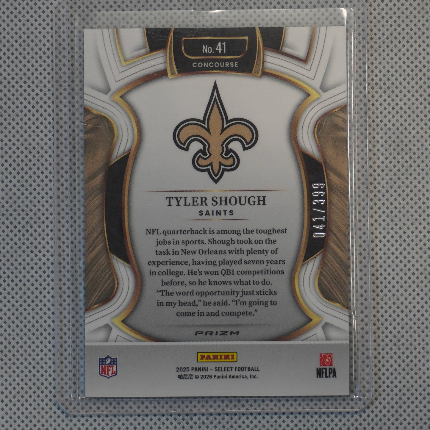 2025 Panini Select #41 Tyler Shough Tri-Color Prizm #/399 New Orleans Saints SN,RC