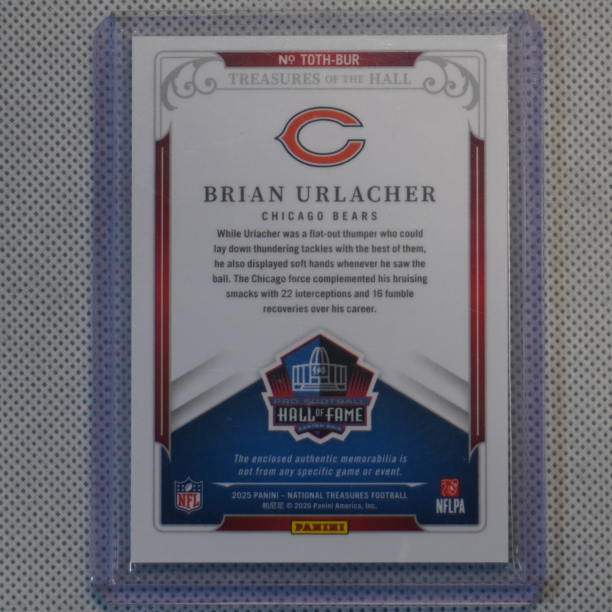 2025 Panini National Treasures #TOTH-BUR Brian Urlacher Treasures of the Hall Holo Silver #/10 Chicago Bears SN,MEM