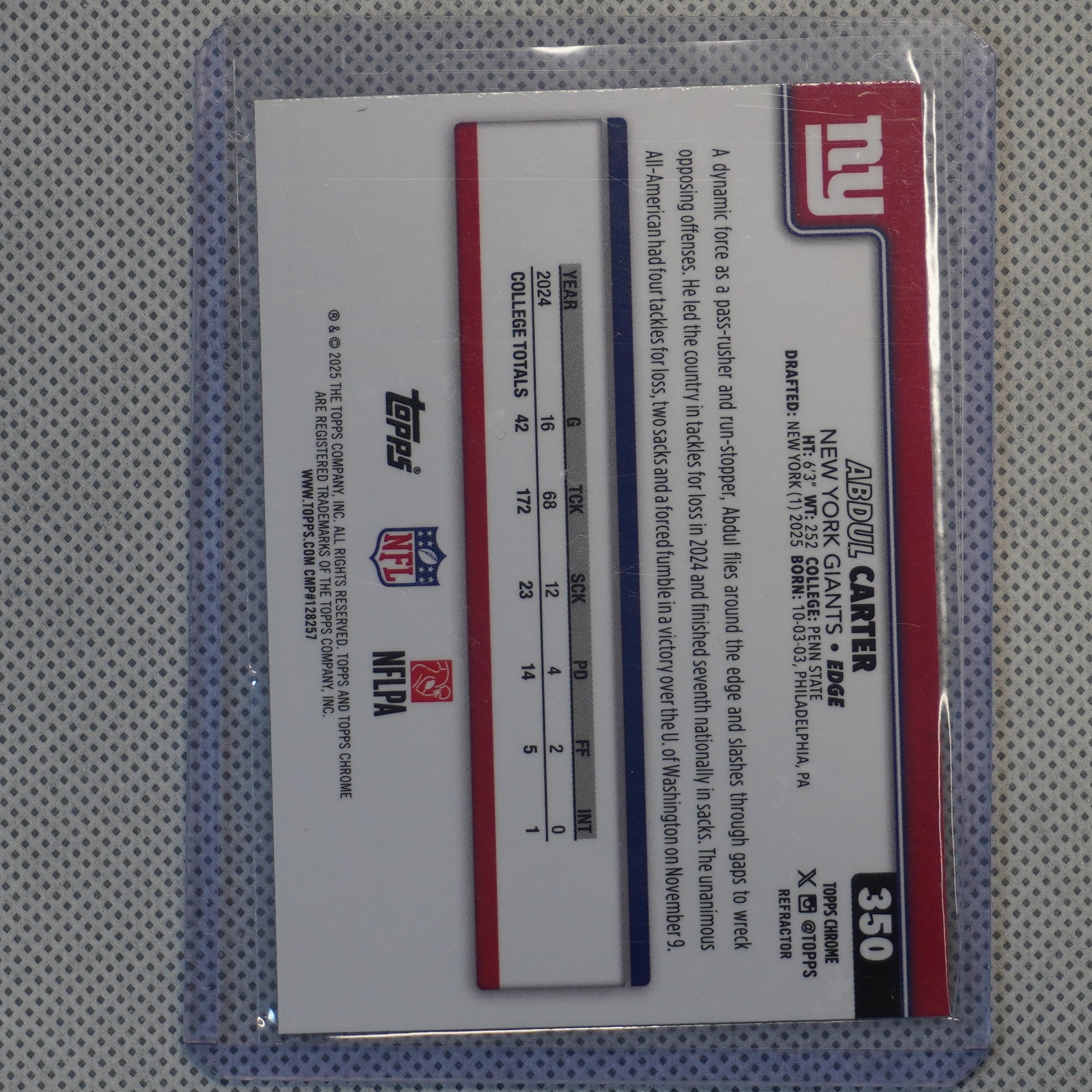 2025 Topps Chrome #350 Abdul Carter Refractor New York Giants RC