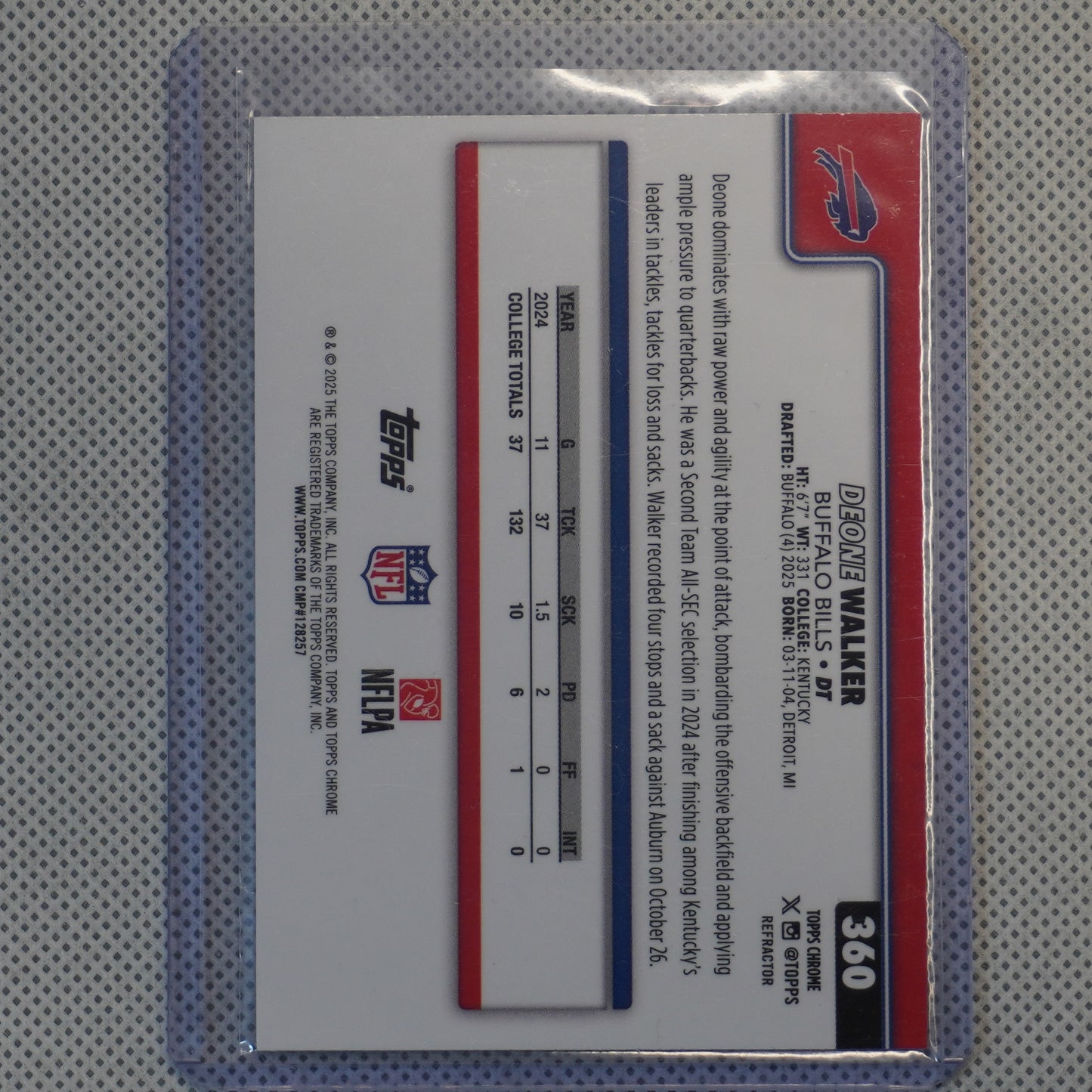 2025 Topps Chrome #360 Deone Walker Refractor Buffalo Bills RC