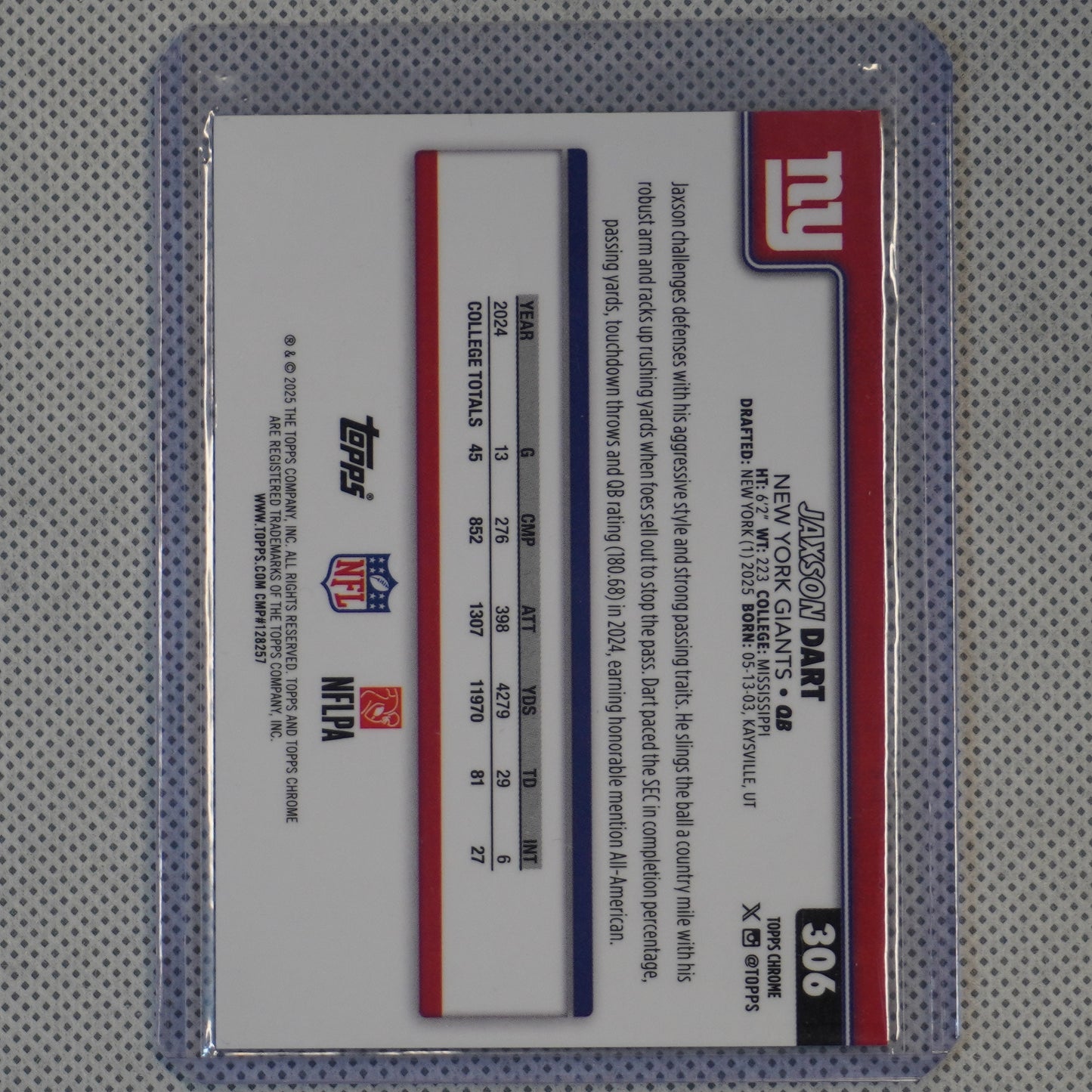 2025 Topps Chrome #306 Jaxson Dart New York Giants RC