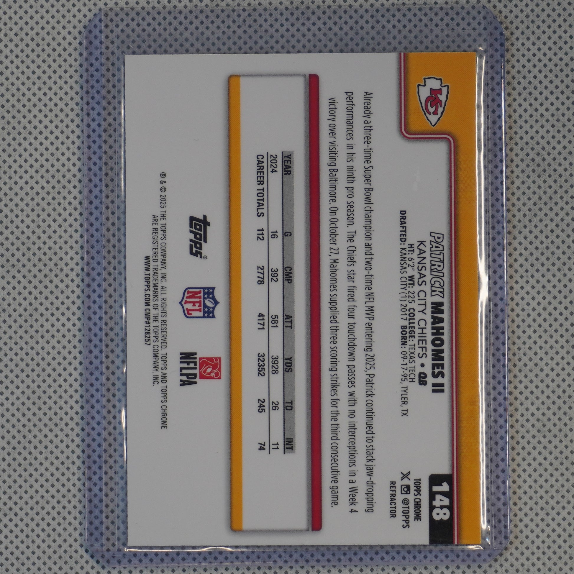 2025 Topps Chrome #148 Patrick Mahomes II Refractor Kansas City Chiefs