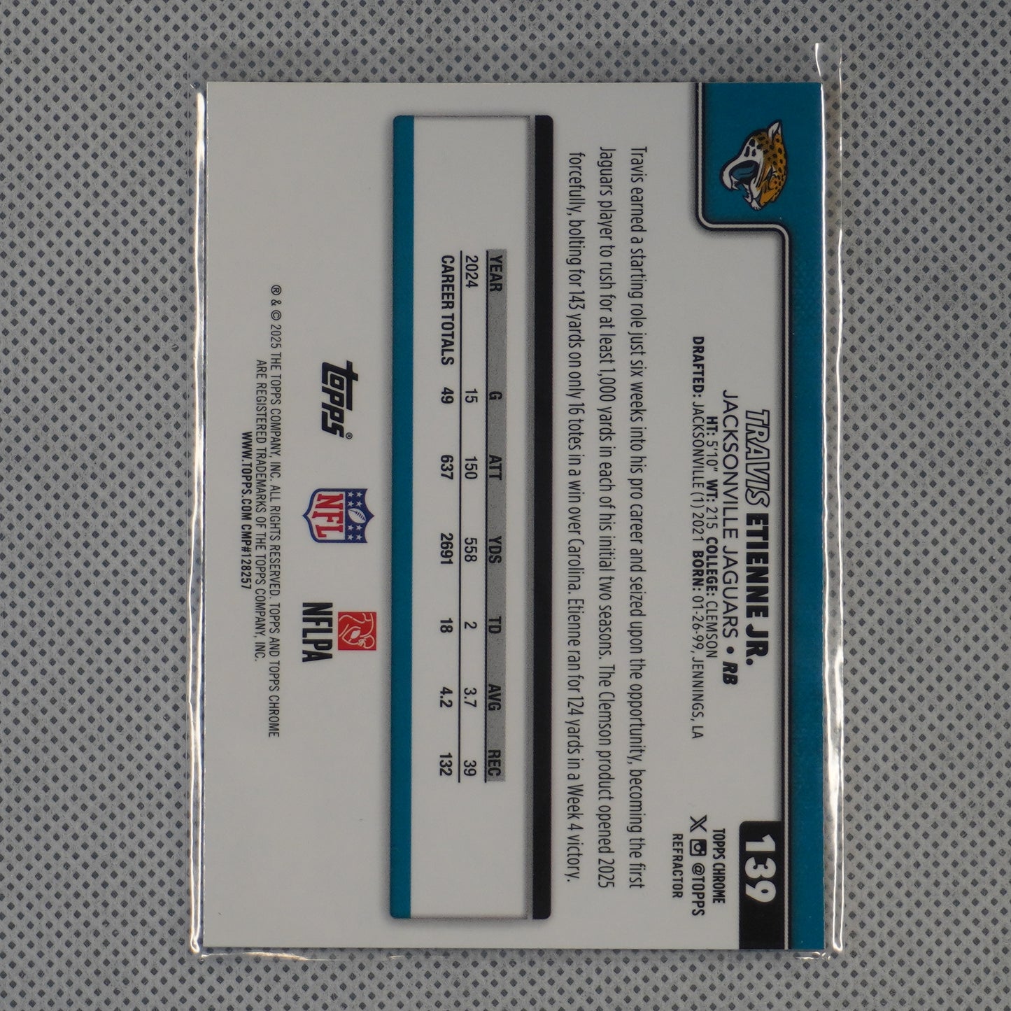 2025 Topps Chrome #139 Travis Etienne Jr. Refractor Jacksonville Jaguars
