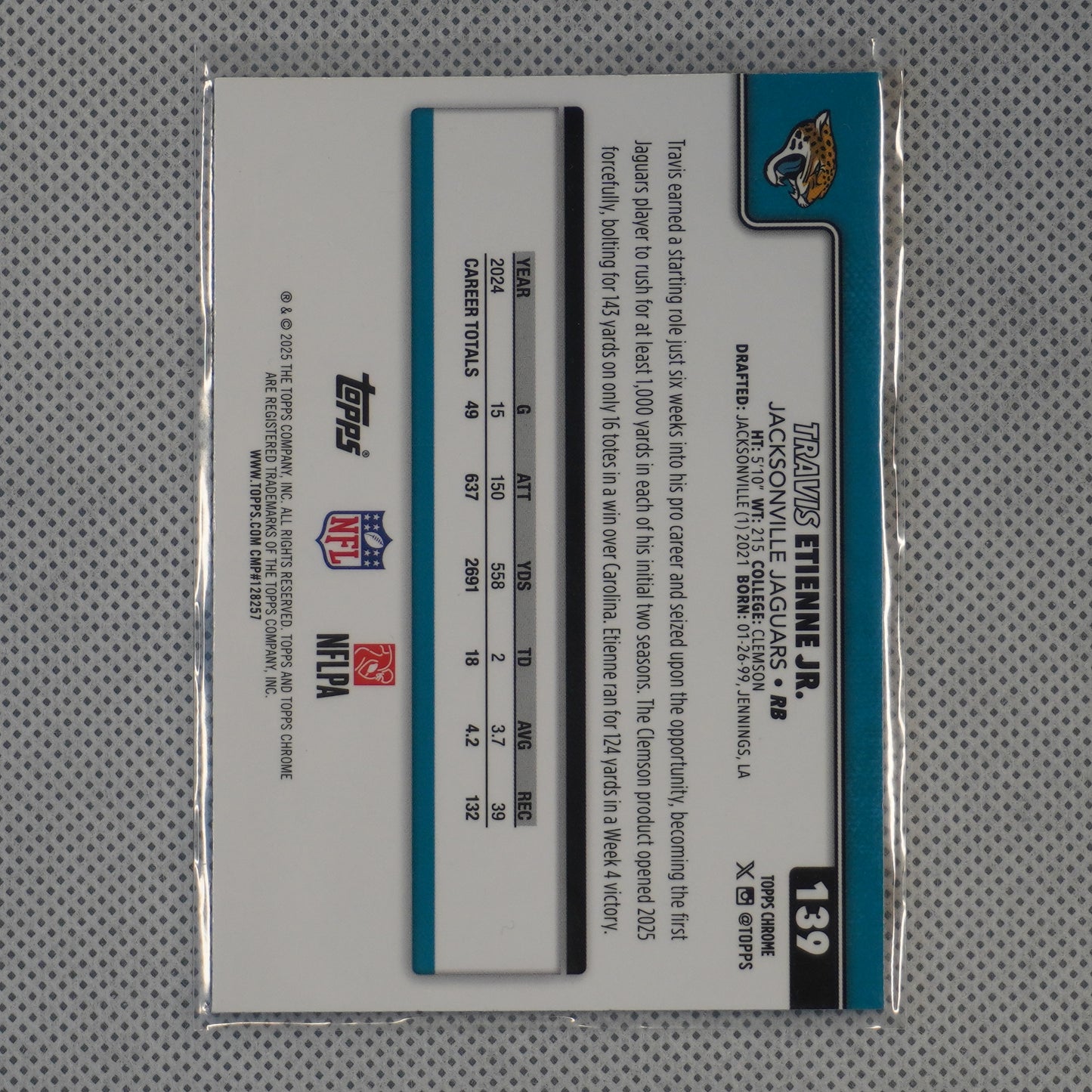 2025 Topps Chrome #139 Travis Etienne Jr. Prism Refractor Jacksonville Jaguars