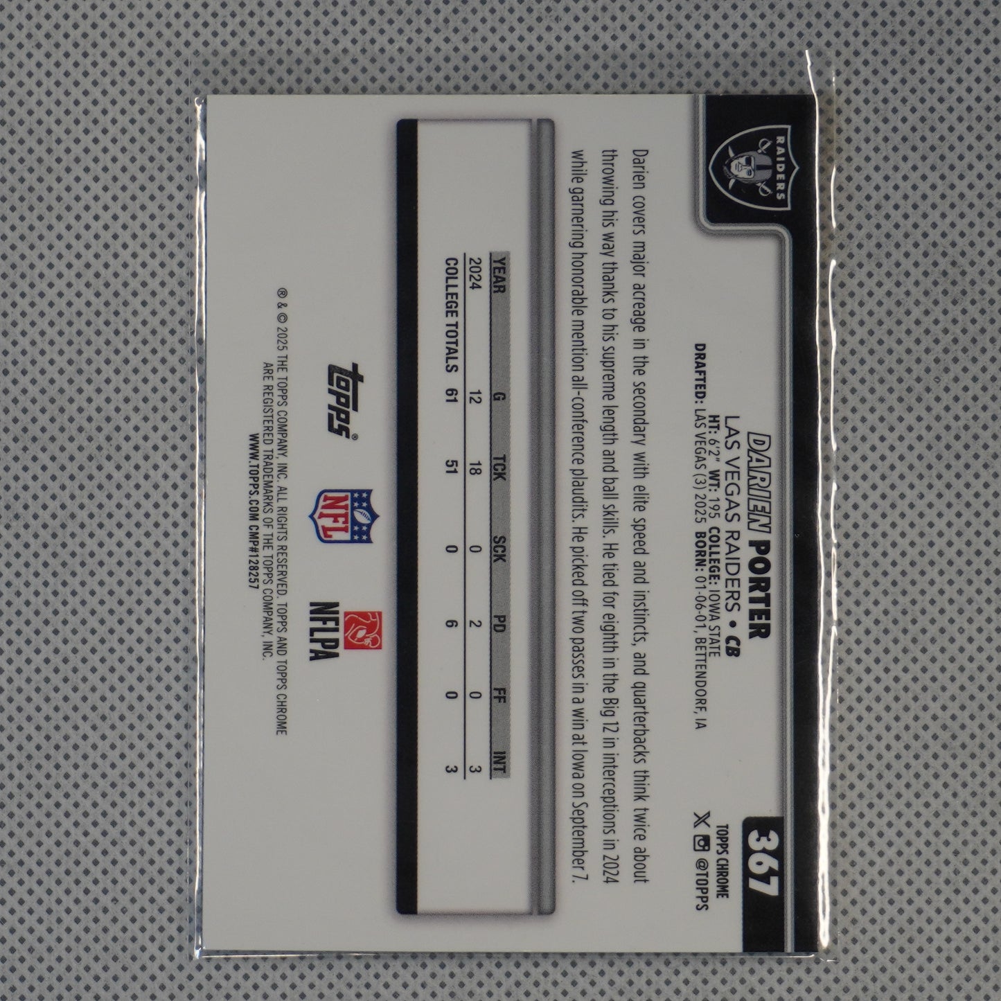 2025 Topps Chrome #367 Darien Porter Las Vegas Raiders RC
