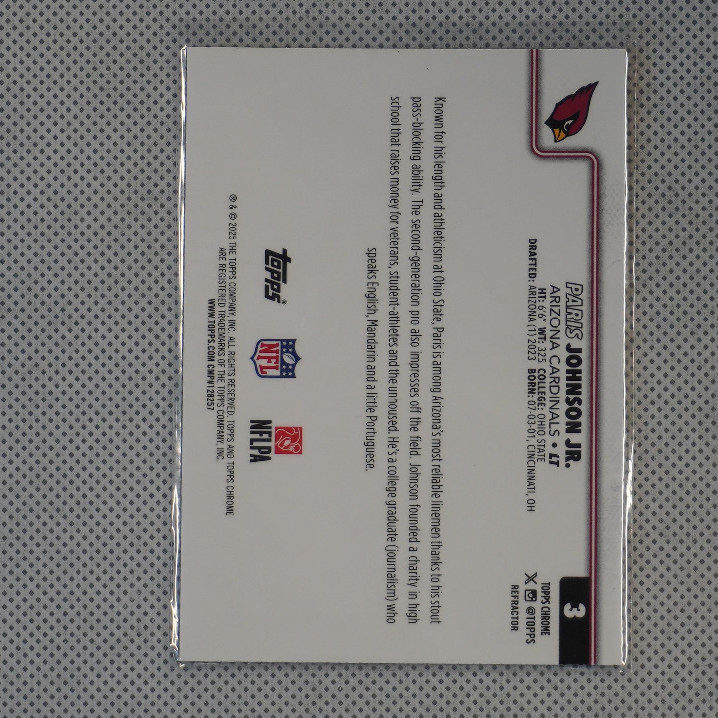 2025 Topps Chrome #3 Paris Johnson Jr. Refractor Arizona Cardinals