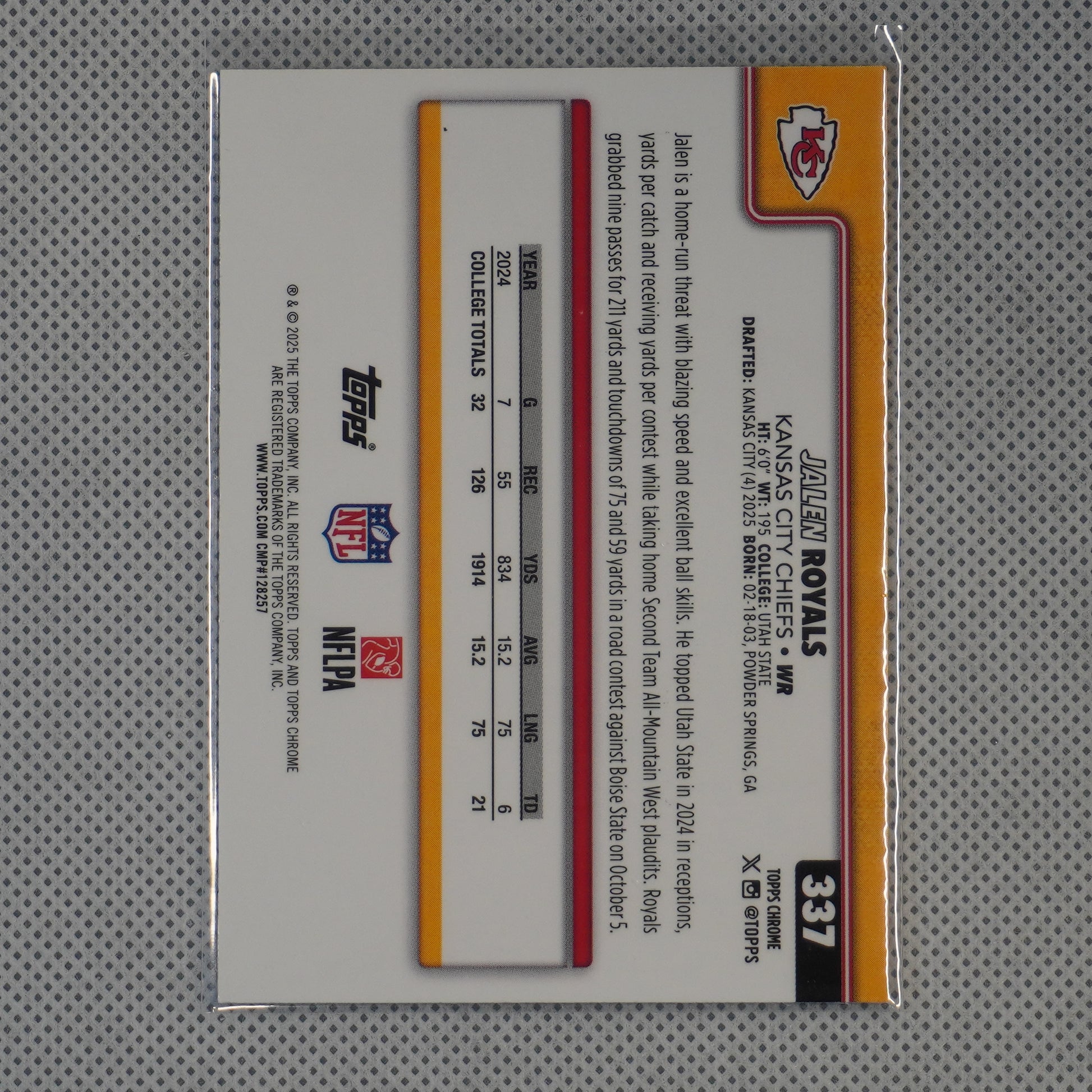 2025 Topps Chrome #337 Jalen Royals Kansas City Chiefs RC