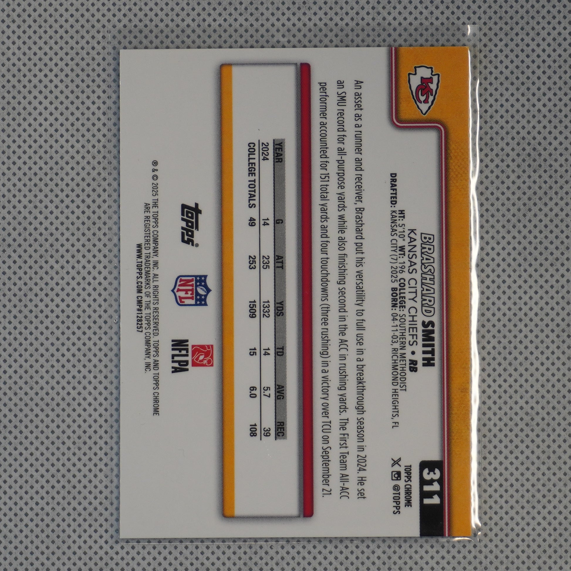 2025 Topps Chrome #311 Brashard Smith Kansas City Chiefs RC