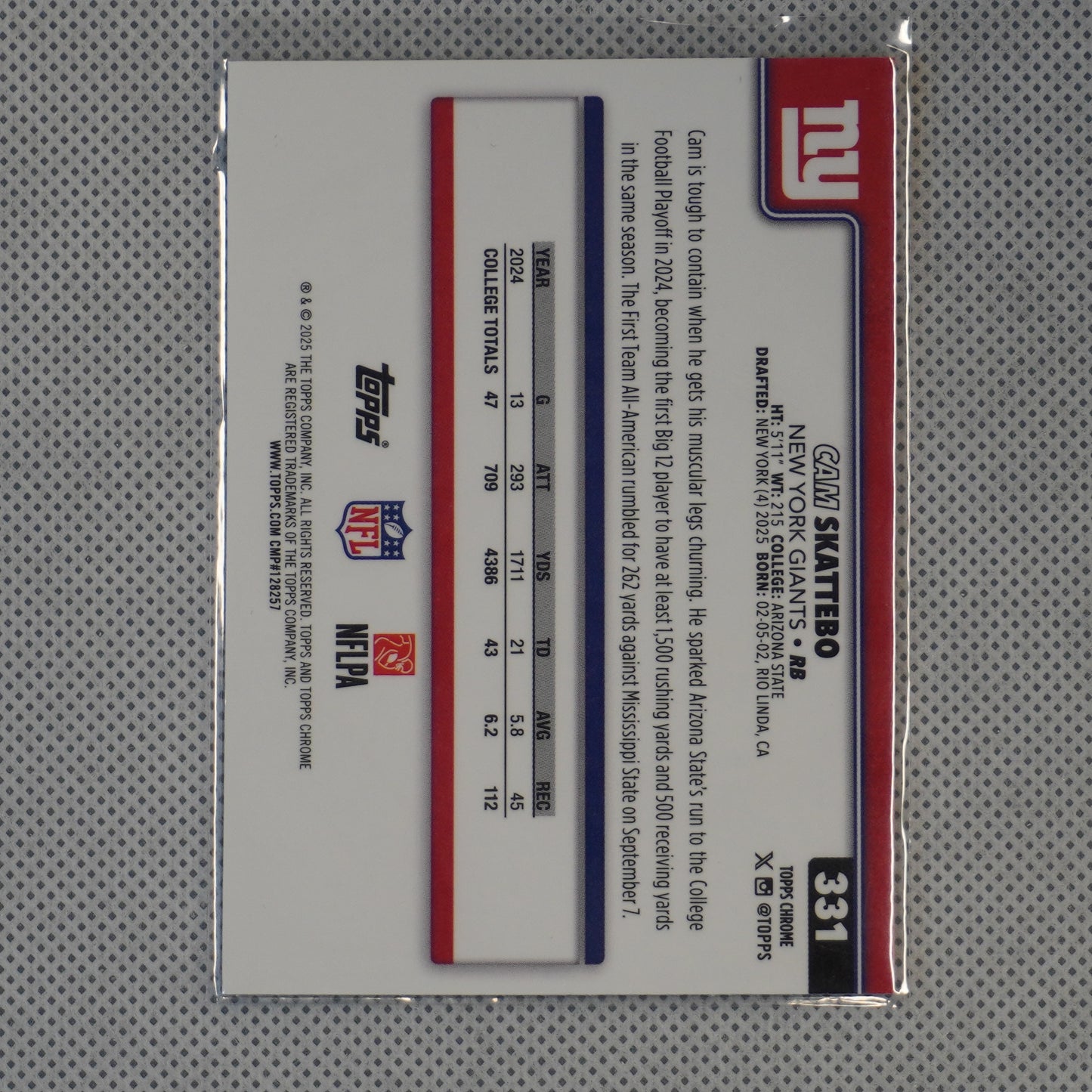 2025 Topps Chrome #331 Cam Skattebo New York Giants RC
