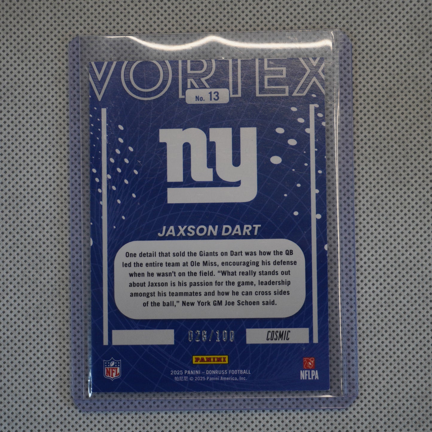 2025 Donruss #13 Jaxson Dart Vortex Cosmic #/100 New York Giants SN