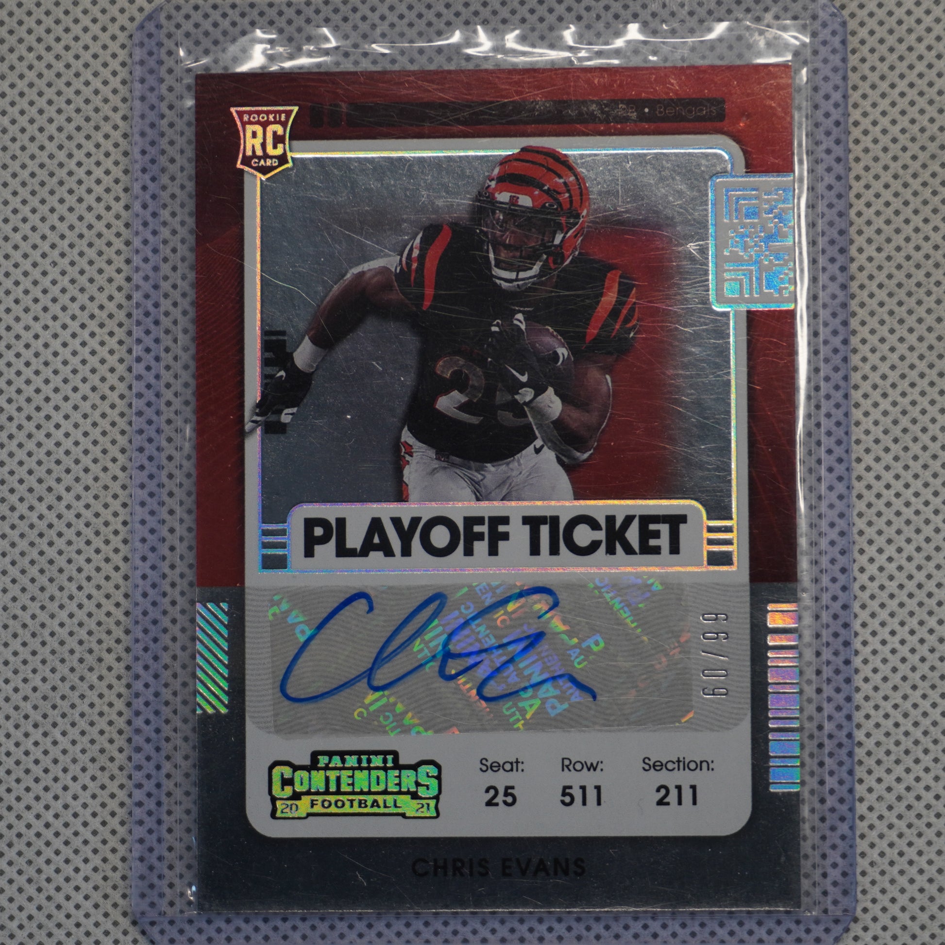 2021 Panini Contenders #237 Chris Evans Playoff Ticket #/99 Cincinnati Bengals SN,RC,AU