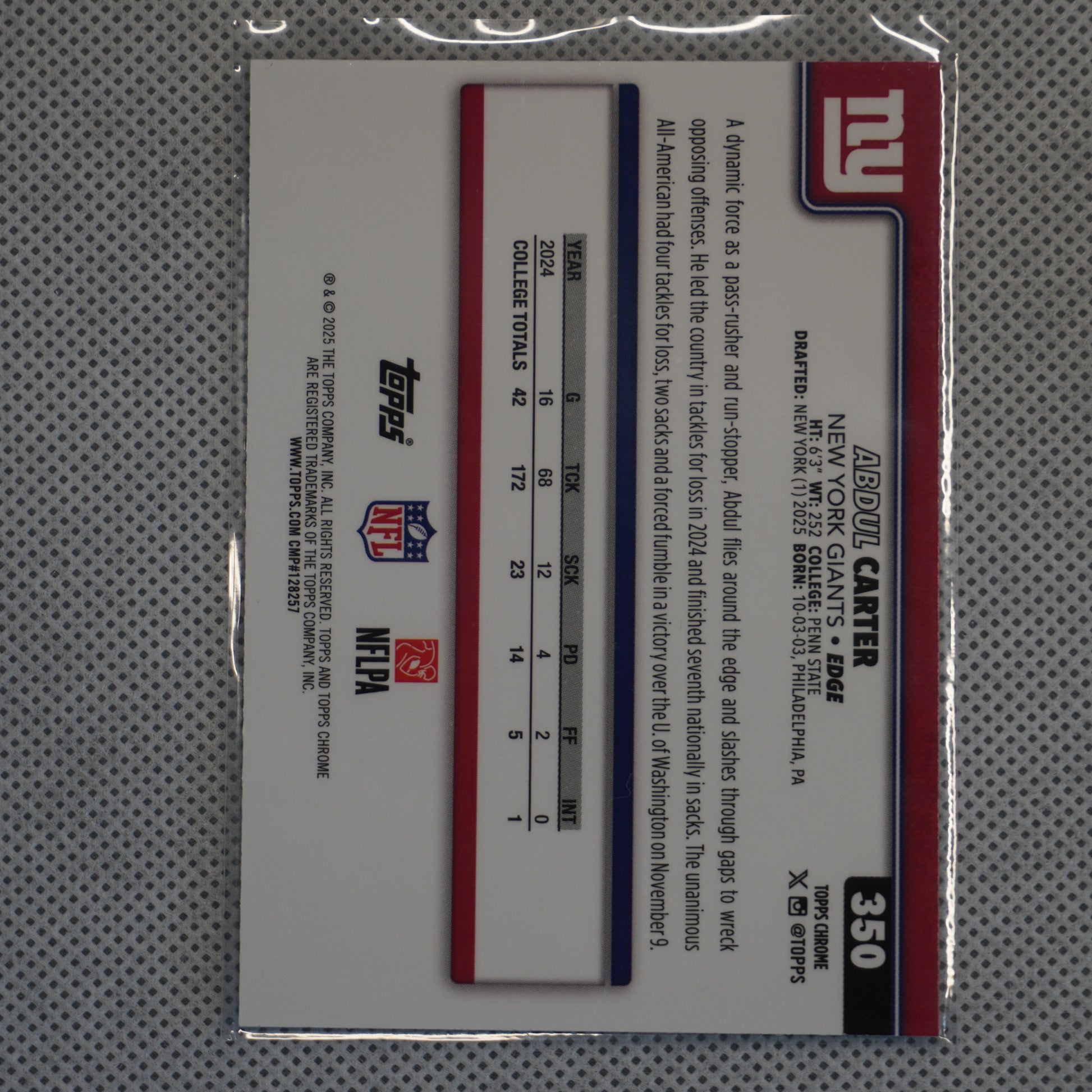 2025 Topps Chrome #350 Abdul Carter New York Giants RC