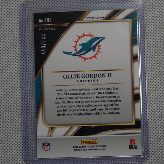 2025 Panini Select #281 Ollie Gordon II White Prizm Shock #/799 Miami Dolphins SN
