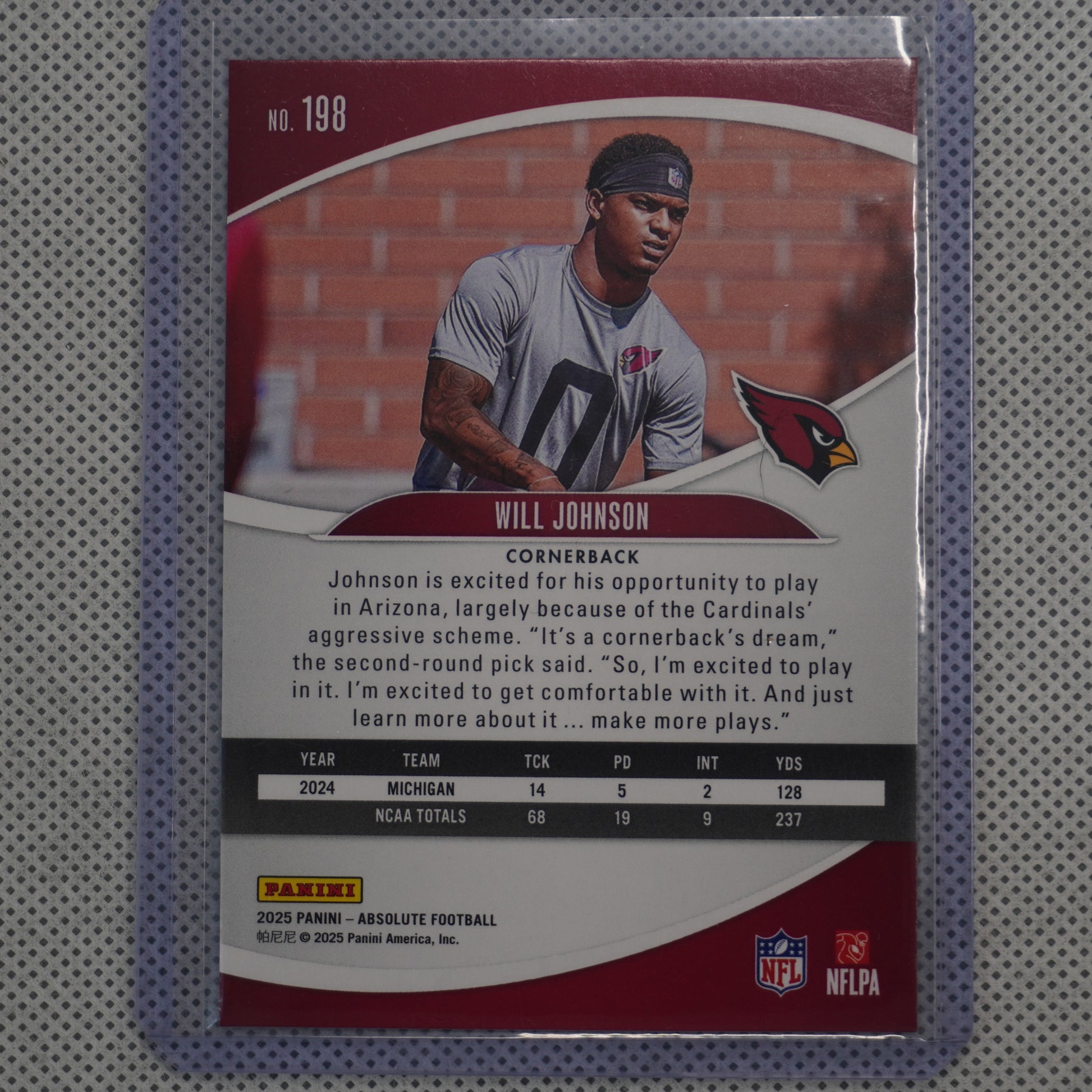 2025 Panini Absolute #198 Will Johnson Retail Arizona Cardinals RC