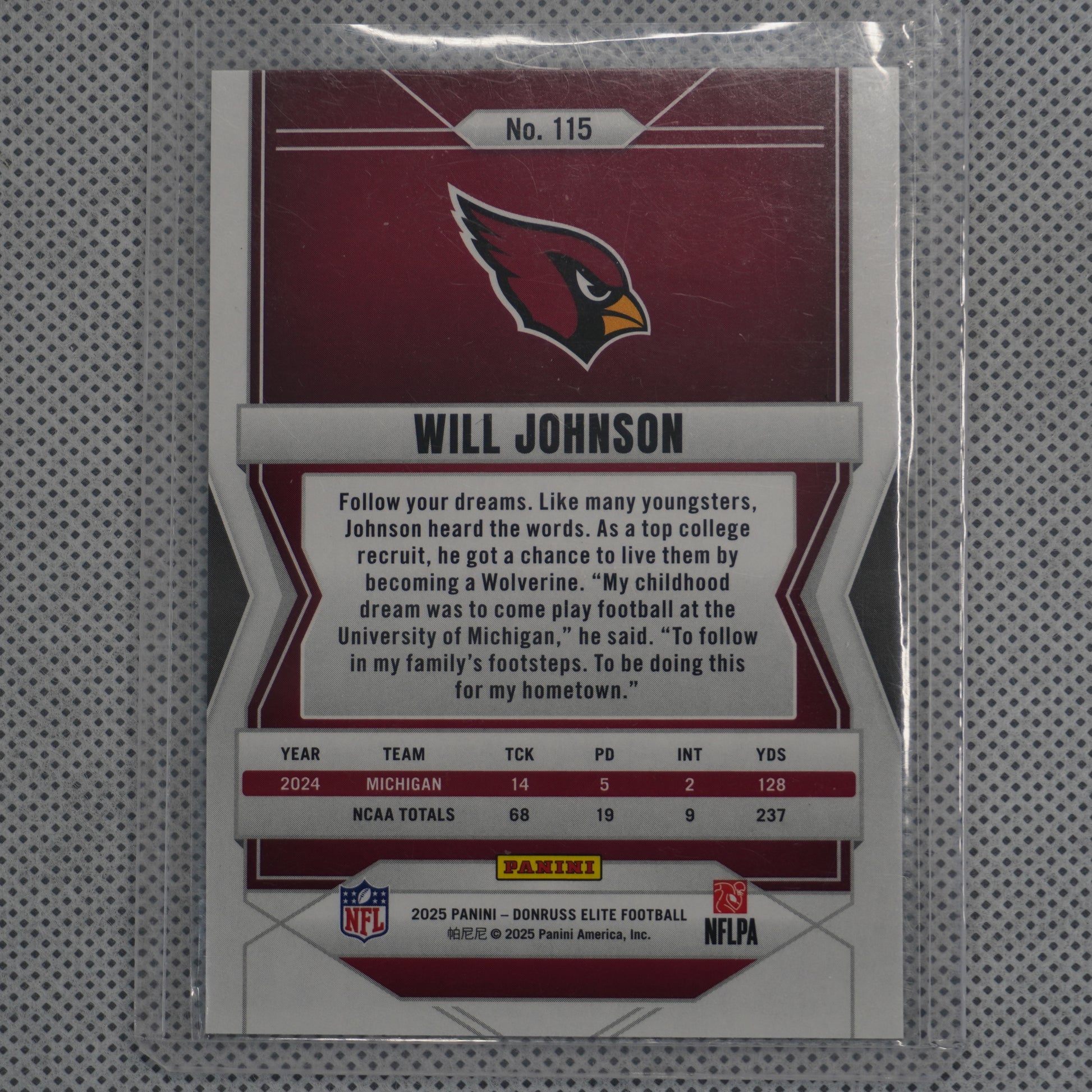 2025 Donruss Elite #115 Will Johnson Green Disco Arizona Cardinals RC