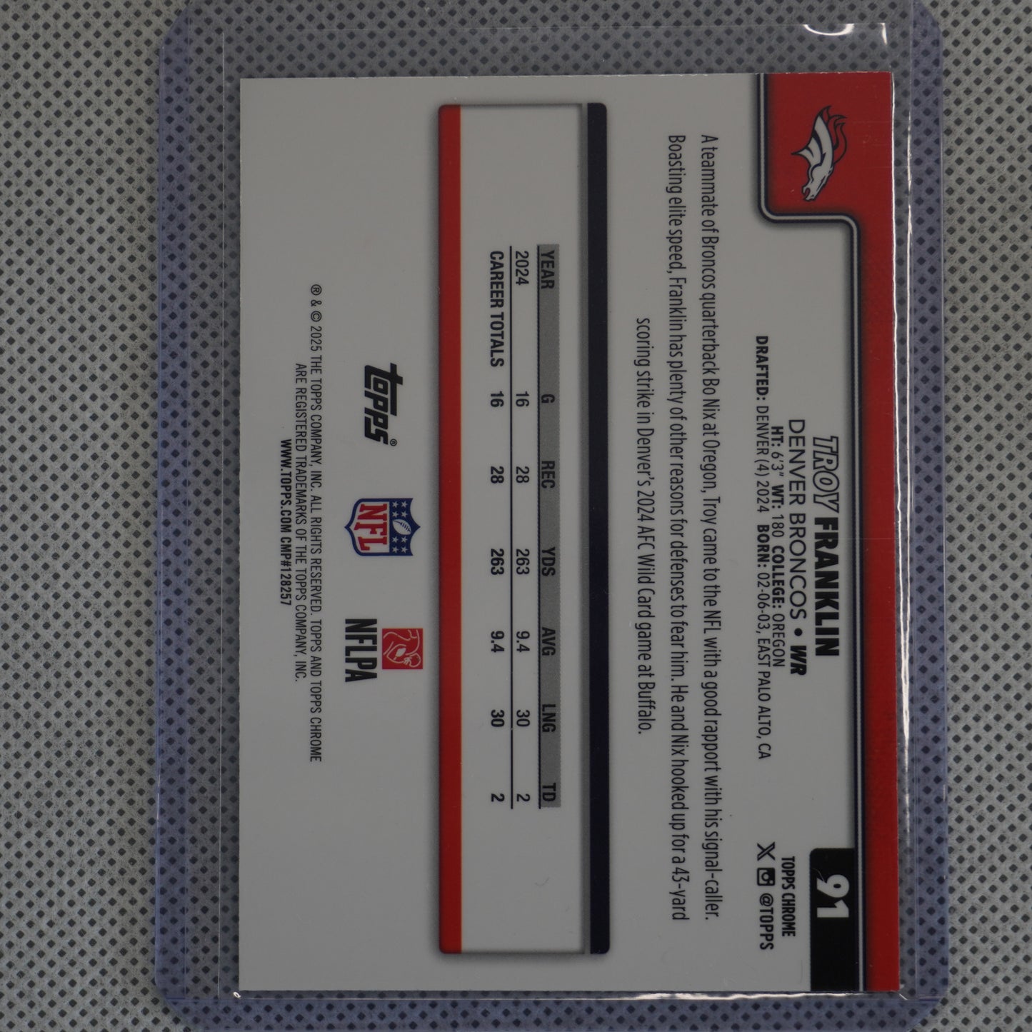 2025 Topps Chrome #91 Troy Franklin Aqua Refractor #/199 Denver Broncos SN
