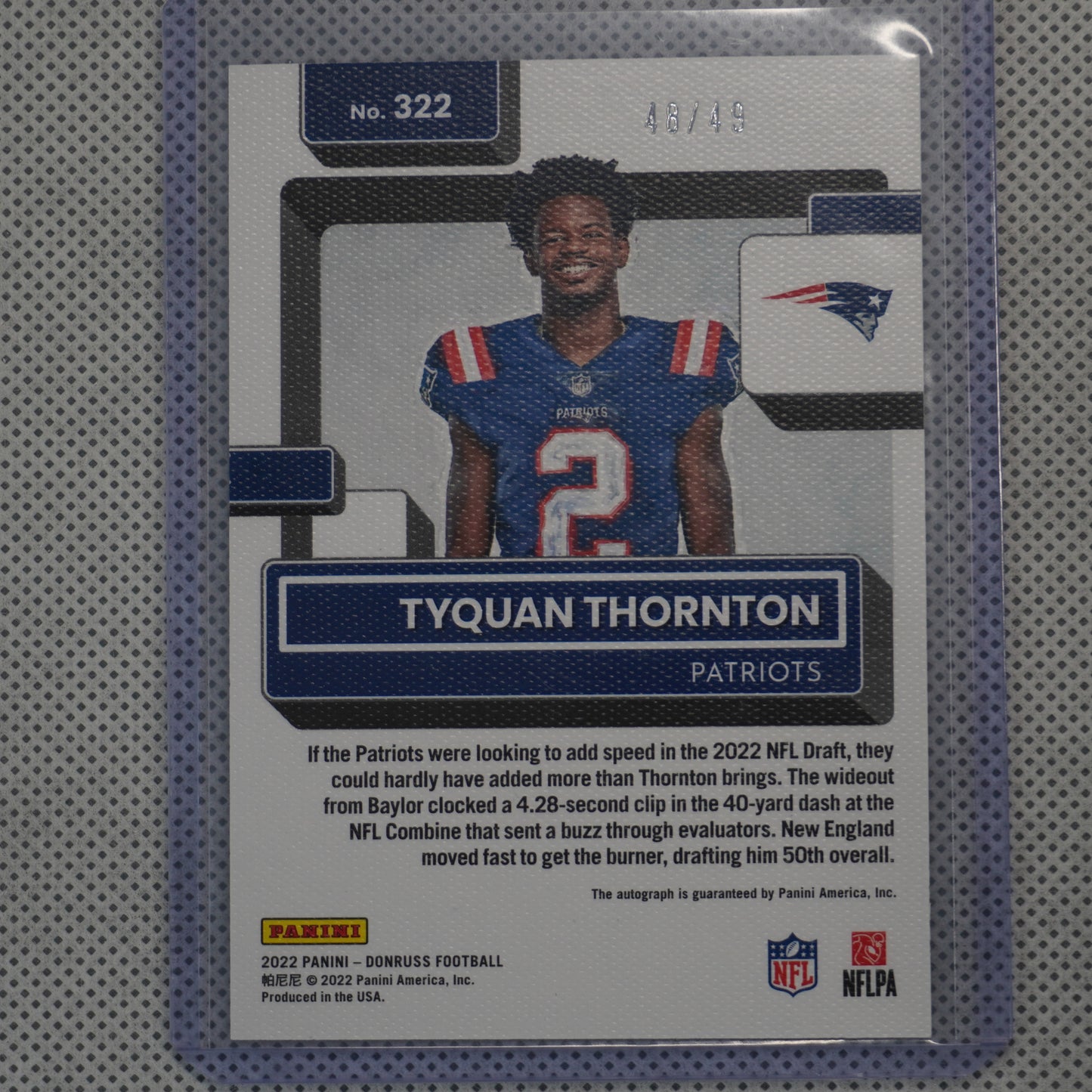 2022 Donruss #322 Tyquan Thornton Rated Rookies Portrait Autographs #/49 New England Patriots SN,RC,AU