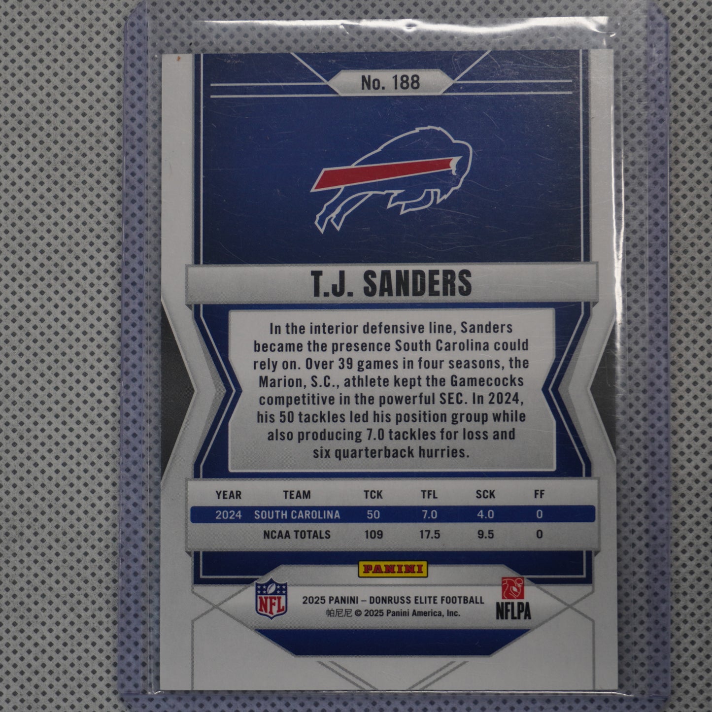 2025 Donruss Elite #188 T.J. Sanders Status #/98 Buffalo Bills SN,RC