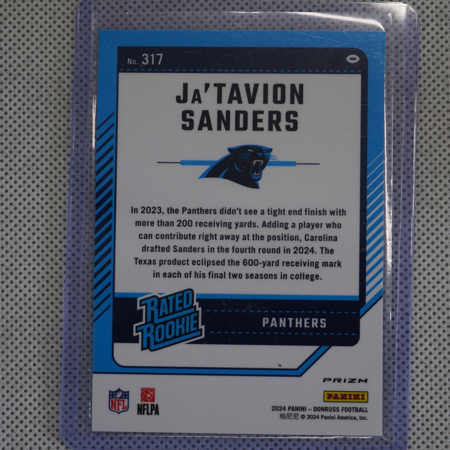 2024 Donruss #317 Ja'Tavion Sanders Optic Rated Rookies Preview Pink Carolina Panthers RC