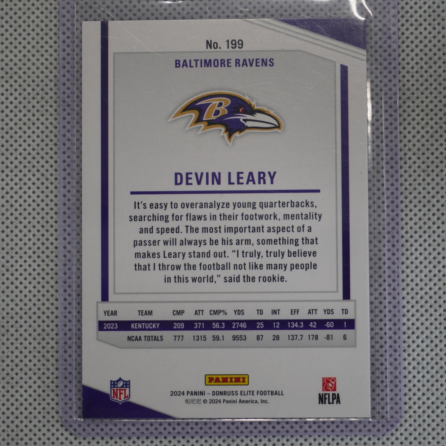 2024 Donruss Elite #199 Devin Leary #/999 Baltimore Ravens SN,RC