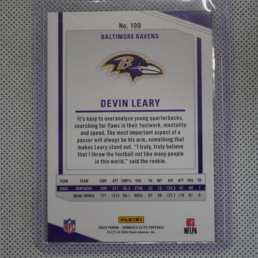 2024 Donruss Elite #199 Devin Leary #/999 Baltimore Ravens SN,RC
