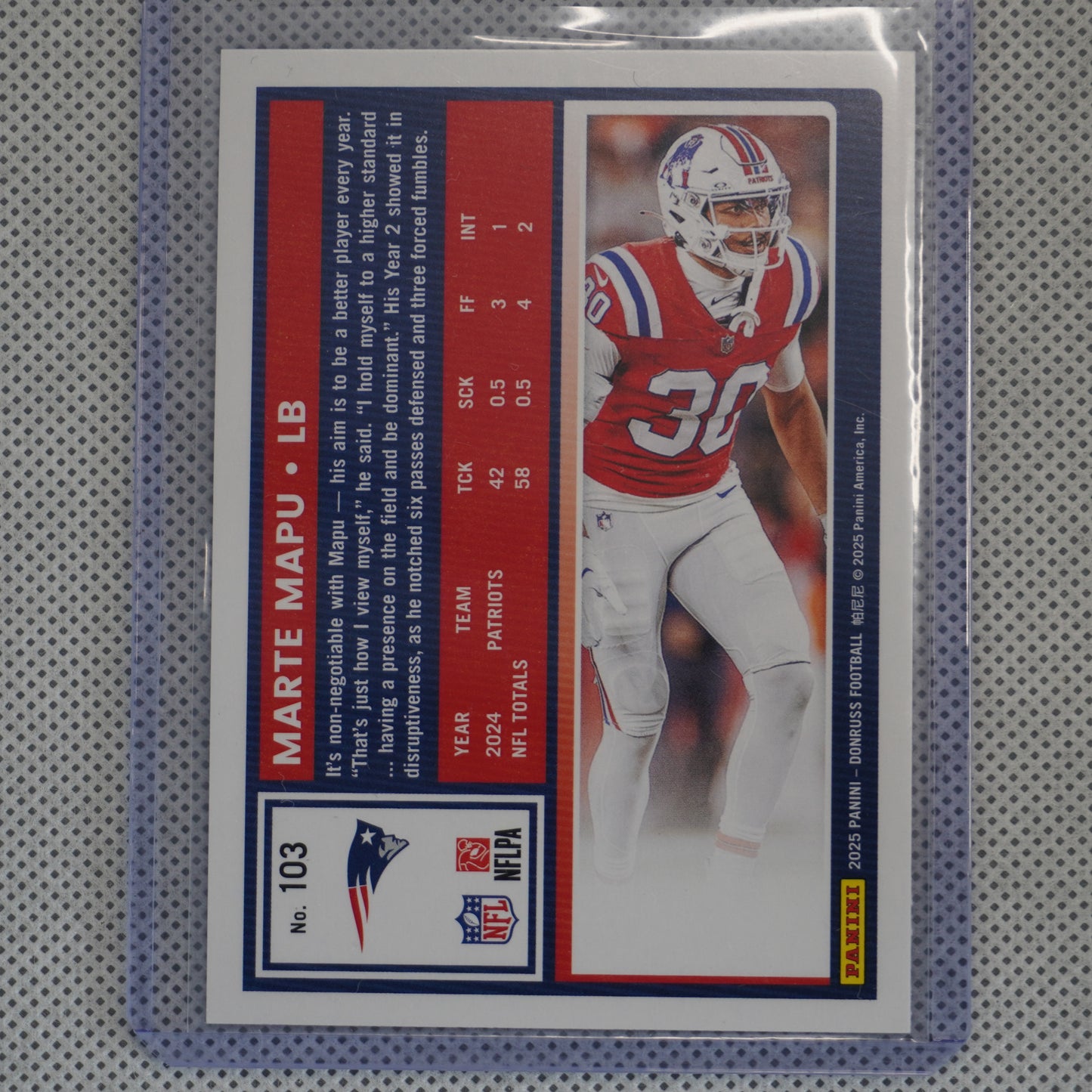 2025 Donruss #103 Marte Mapu Press Proofs Blue New England Patriots