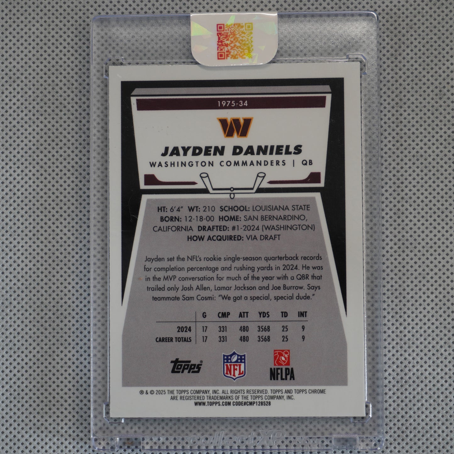 2025 Topps Chrome #1975-34 Jayden Daniels 1975 Topps Yellow Refractor #/275 Washington Commanders SN