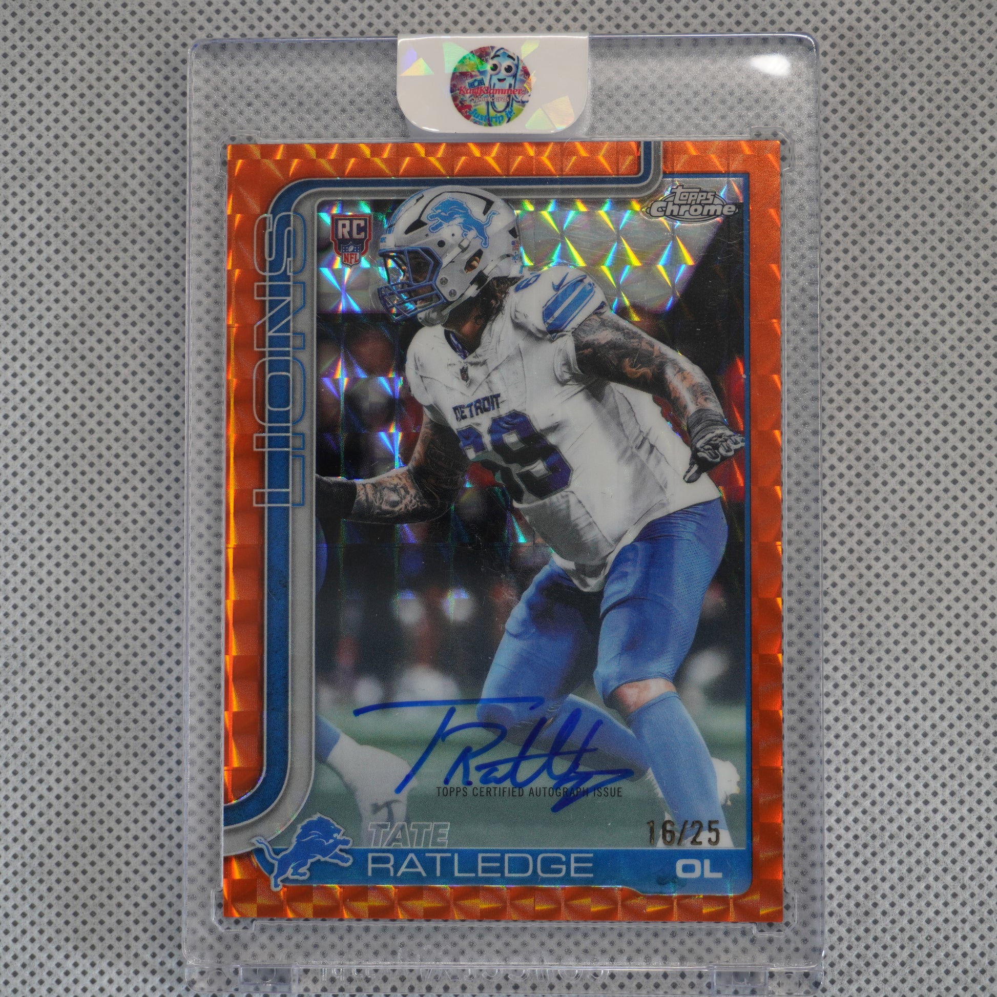 2025 Topps Chrome #RA-TR Tate Ratledge Chrome Rookie Autographs Orange Geometric Refractor #/25 Detroit Lions SN,AU