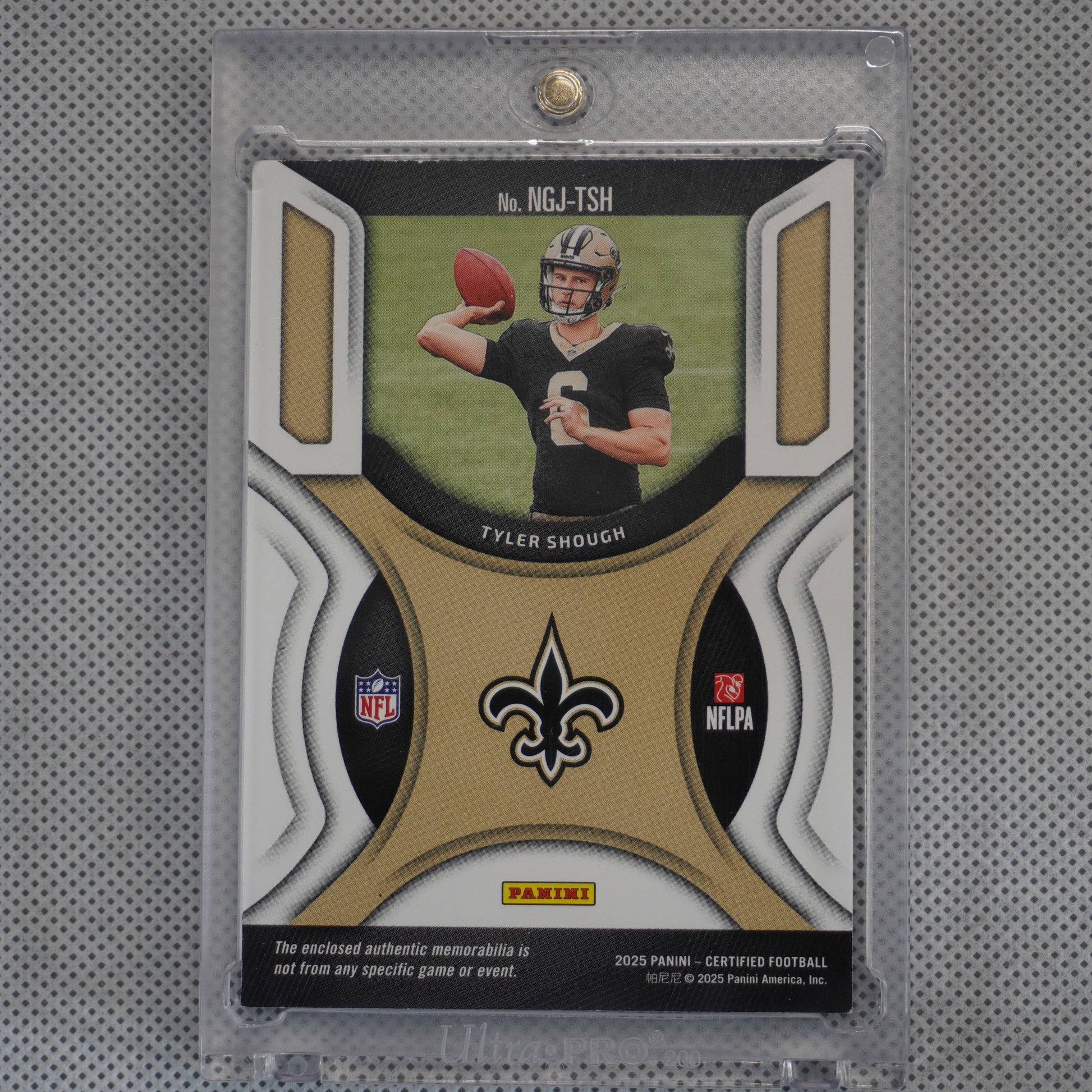 2025 Panini Certified #NGJ-TSH Tyler Shough New Generation Jerseys Mirror Gold #/10 New Orleans Saints SN,MEM