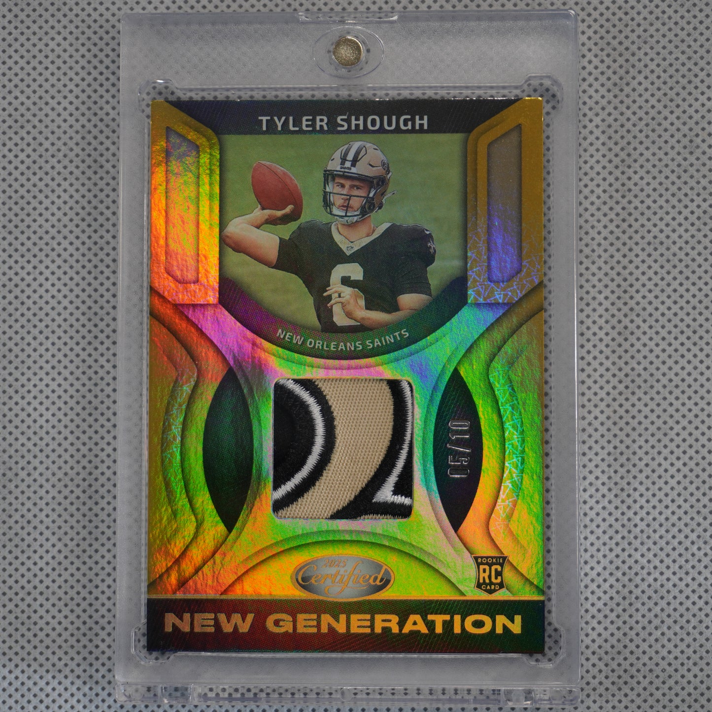 2025 Panini Certified #NGJ-TSH Tyler Shough New Generation Jerseys Mirror Gold #/10 New Orleans Saints SN,MEM