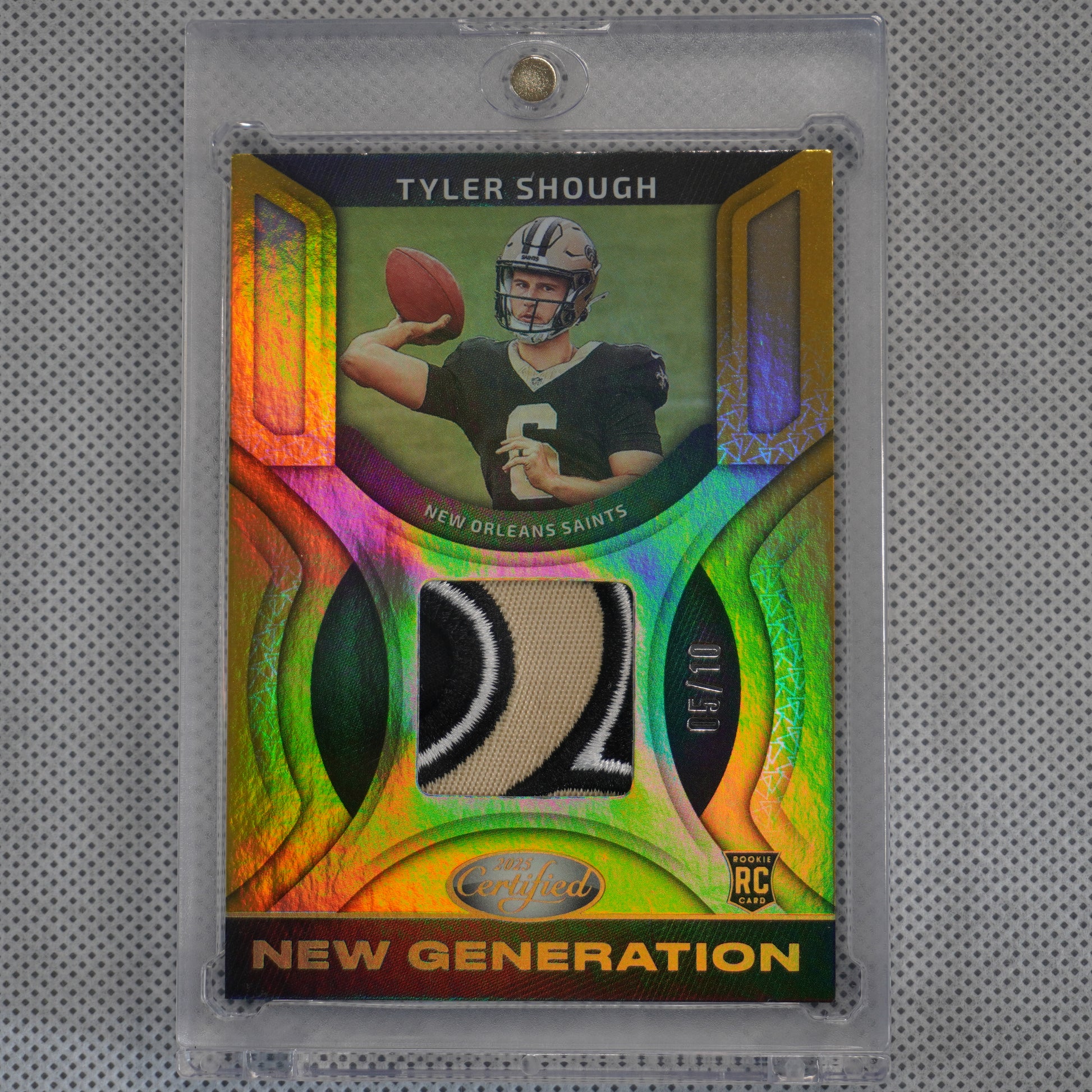 2025 Panini Certified #NGJ-TSH Tyler Shough New Generation Jerseys Mirror Gold #/10 New Orleans Saints SN,MEM