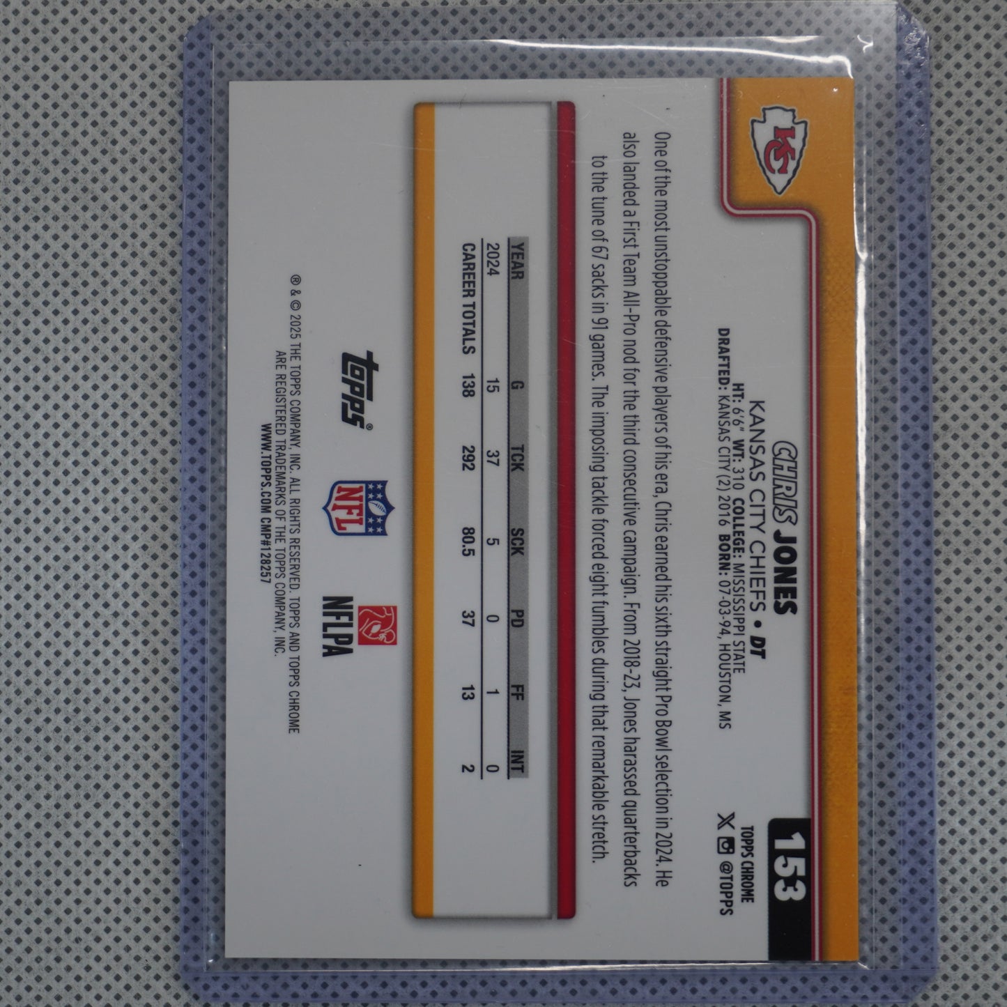 2025 Topps Chrome #153 Chris Jones Football Leather Orange #/25 Kansas City Chiefs SN