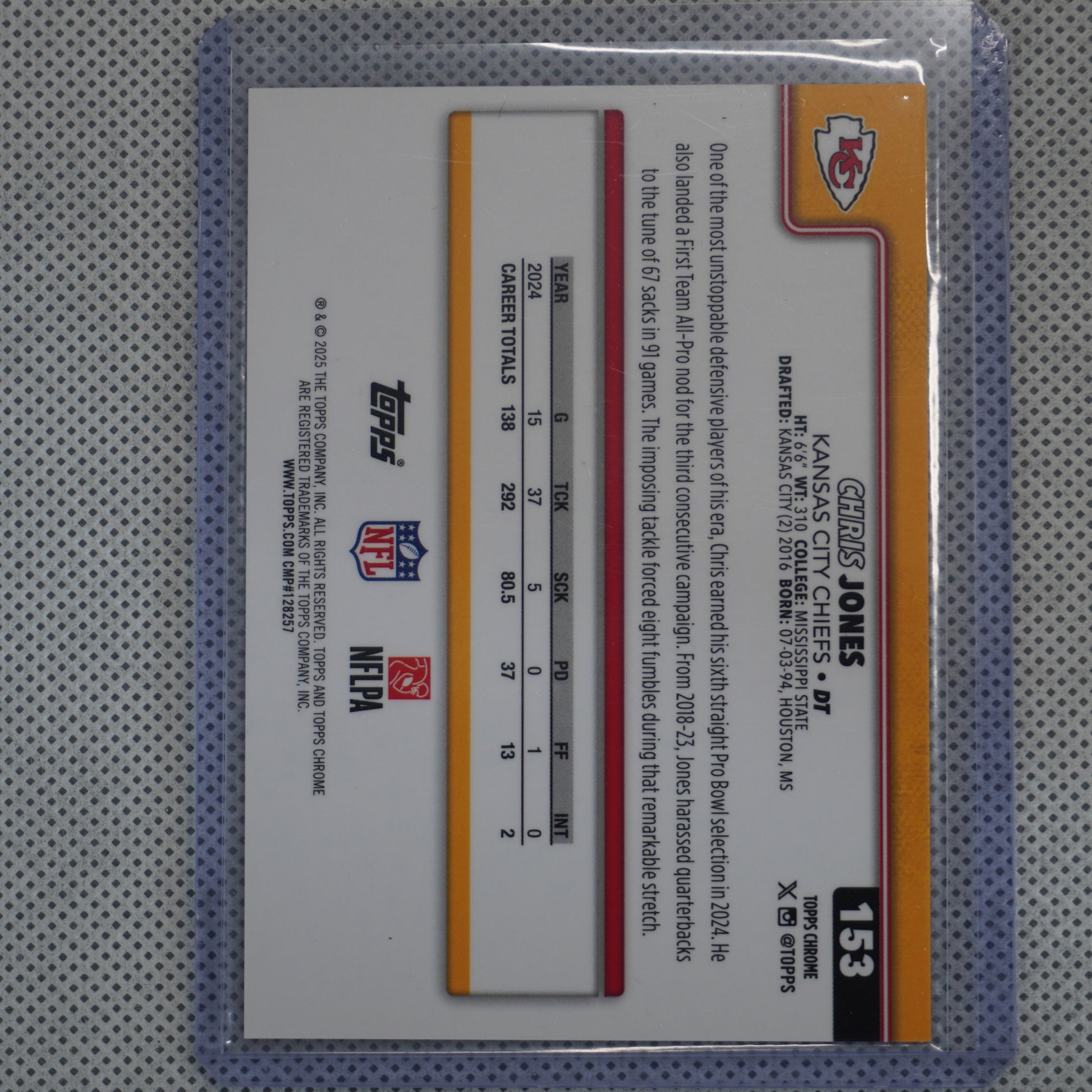 2025 Topps Chrome #153 Chris Jones Football Leather Orange #/25 Kansas City Chiefs SN