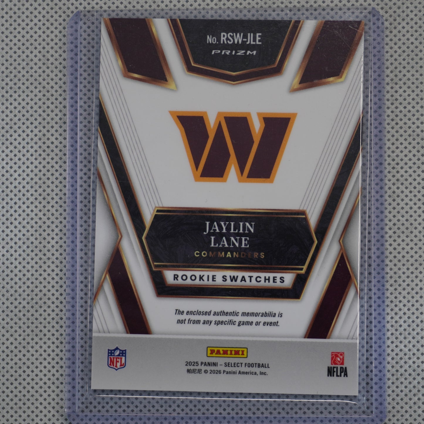2025 Panini Select #RSW-JLE Jaylin Lane Rookie Swatches Red Prizm Washington Commanders MEM