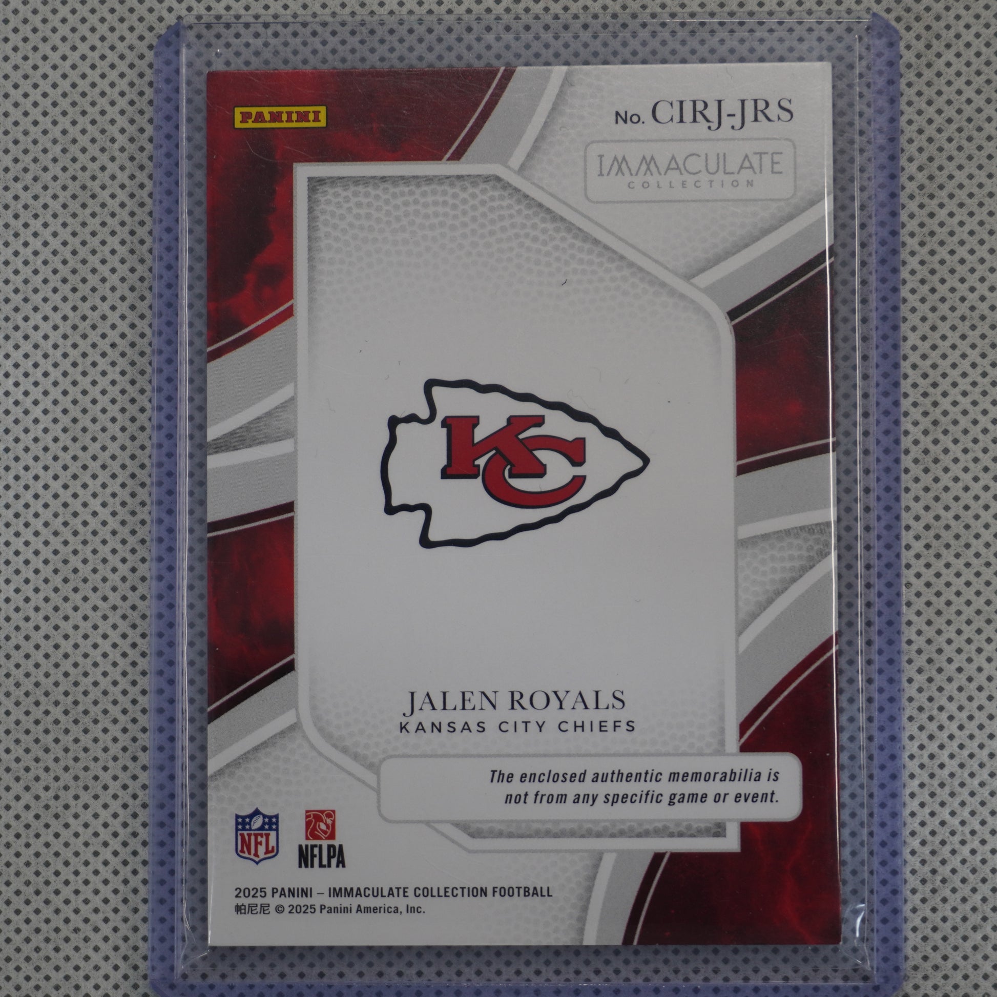 2025 Panini Immaculate Collection #CIRJ-JRS Jalen Royals Clearly Immaculate #'/49 Kansas City Chiefs SN,MEM