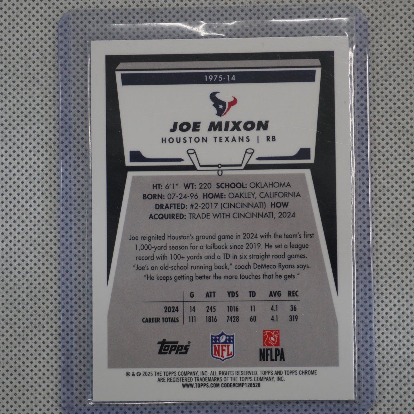 2025 Topps Chrome #1975-14 Joe Mixon 1975 Topps Aqua Refractor #/199 Houston Texans SN