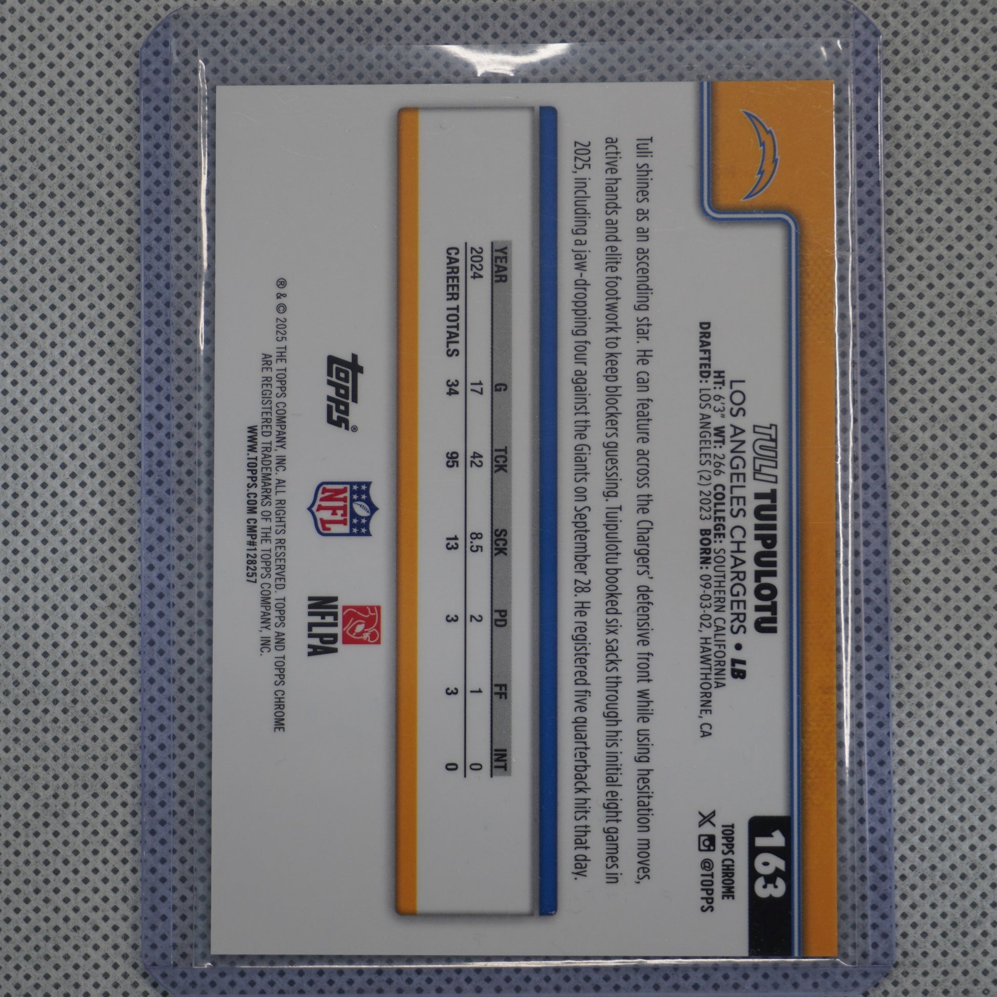 2025 Topps Chrome #163 Tuli Tuipulotu Football Leather Gold #/50 Los Angeles Chargers SN