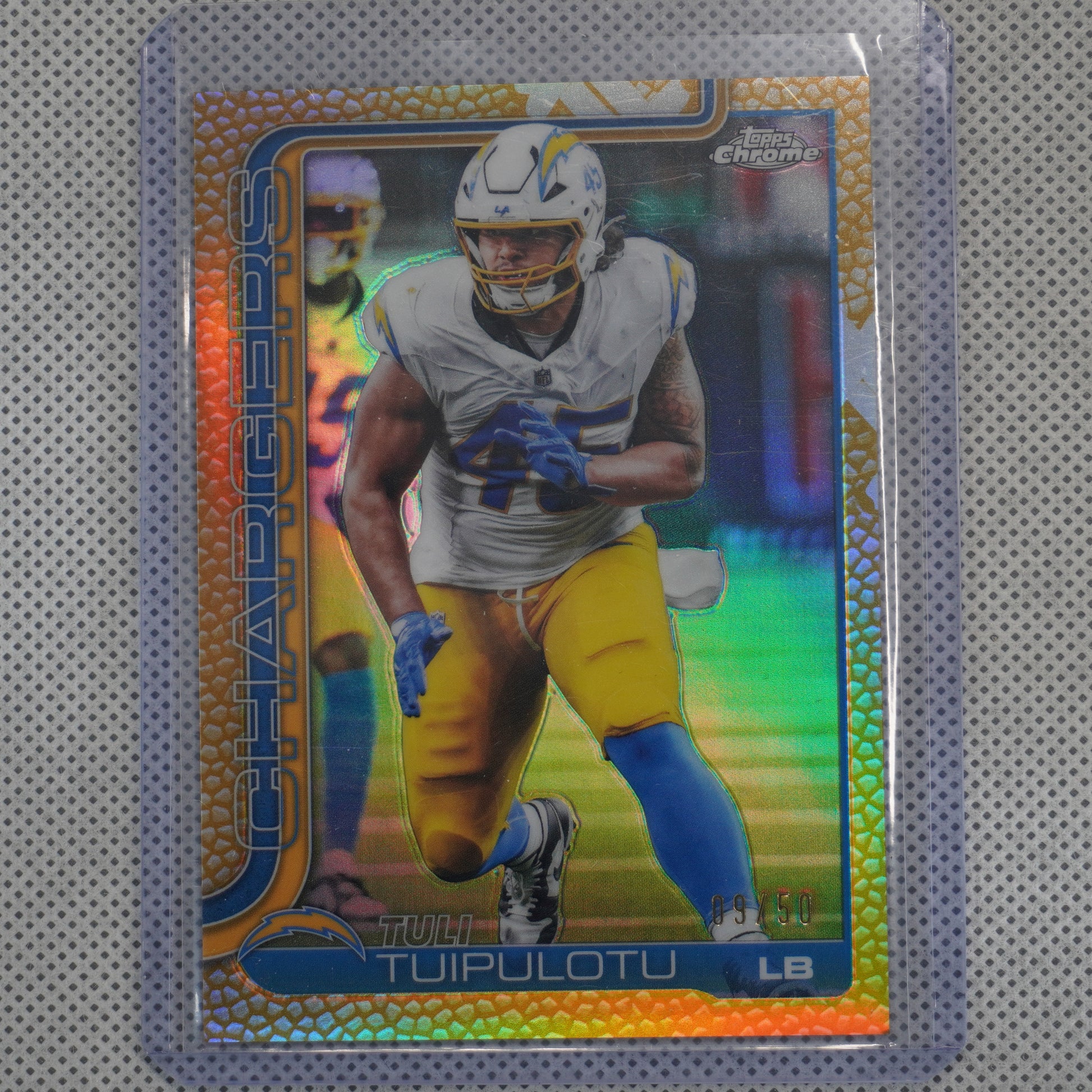 2025 Topps Chrome #163 Tuli Tuipulotu Football Leather Gold #/50 Los Angeles Chargers SN