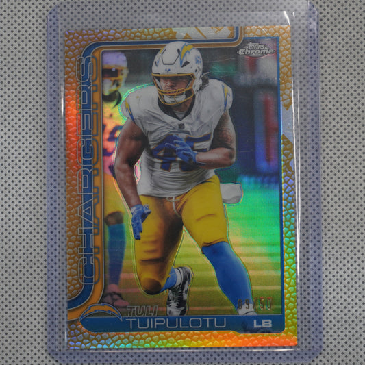 2025 Topps Chrome #163 Tuli Tuipulotu Football Leather Gold #/50 Los Angeles Chargers SN