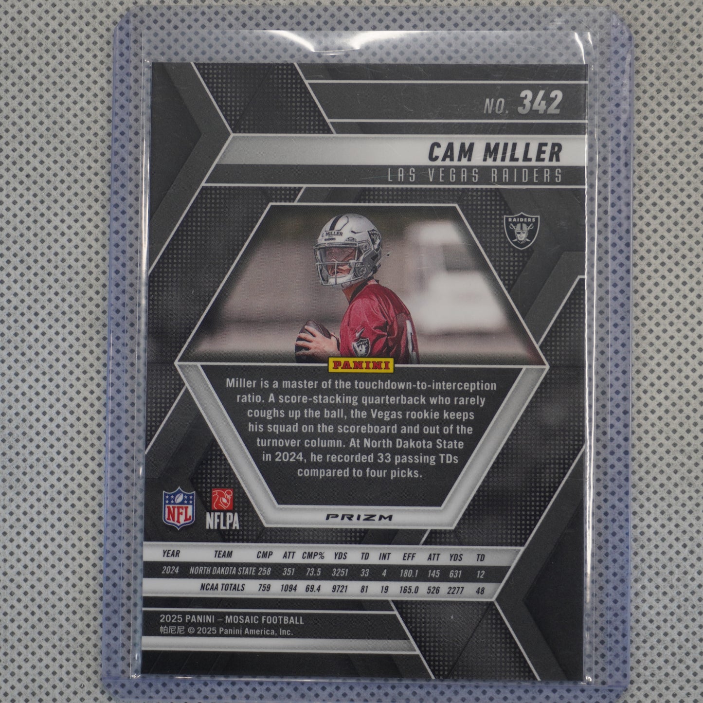 2025 Panini Mosaic #342 Cam Miller Silver Las Vegas Raiders RC