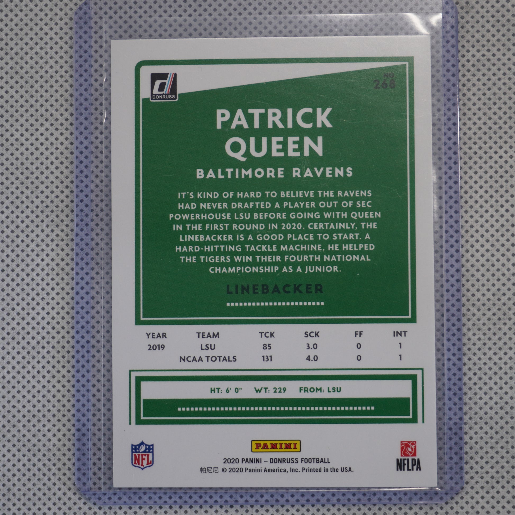 2020 Donruss #268 Patrick Queen Baltimore Ravens RC
