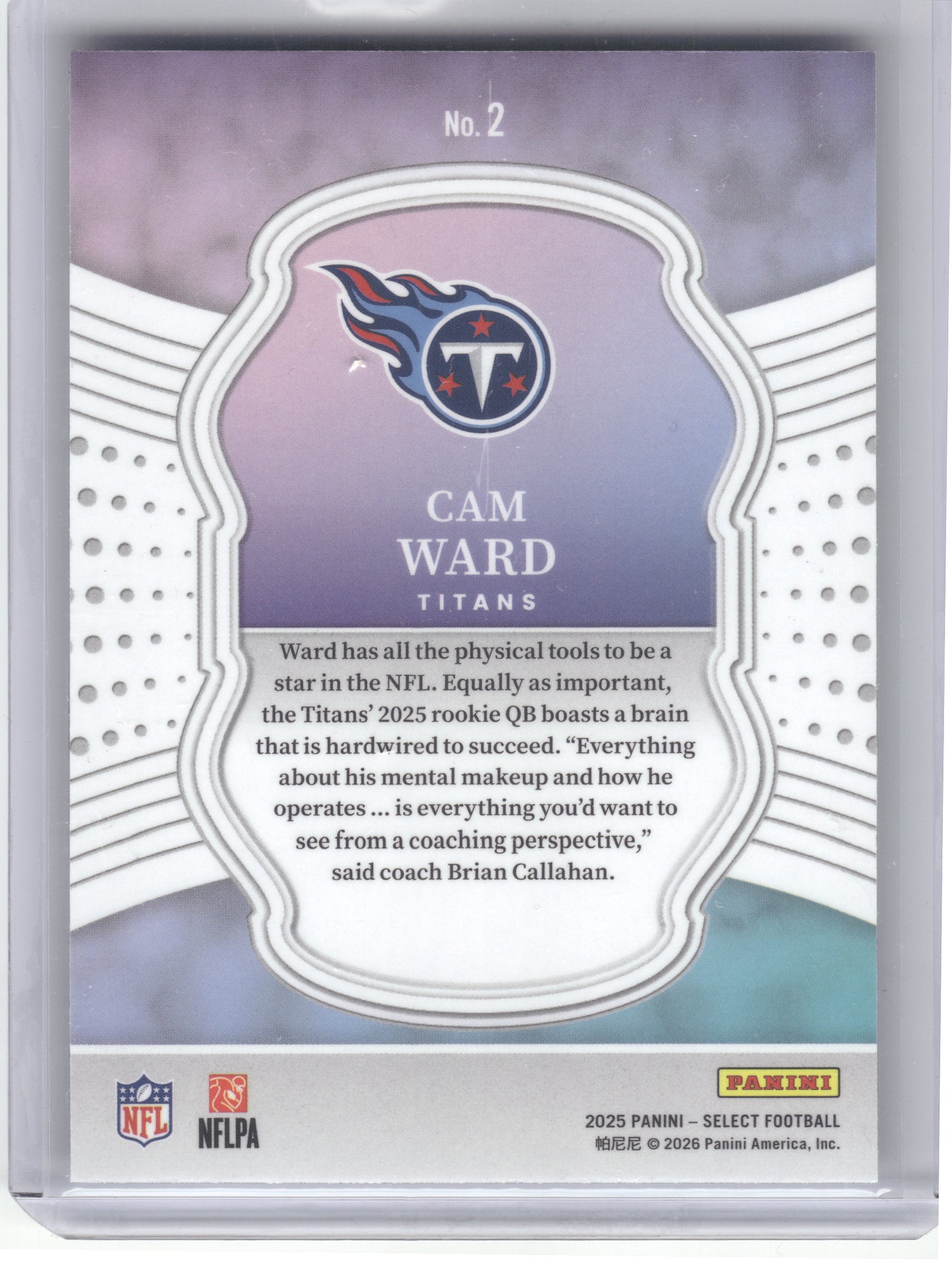 2025 Panini Select #2 Cam Ward Select Certified Rookies Tennessee Titans