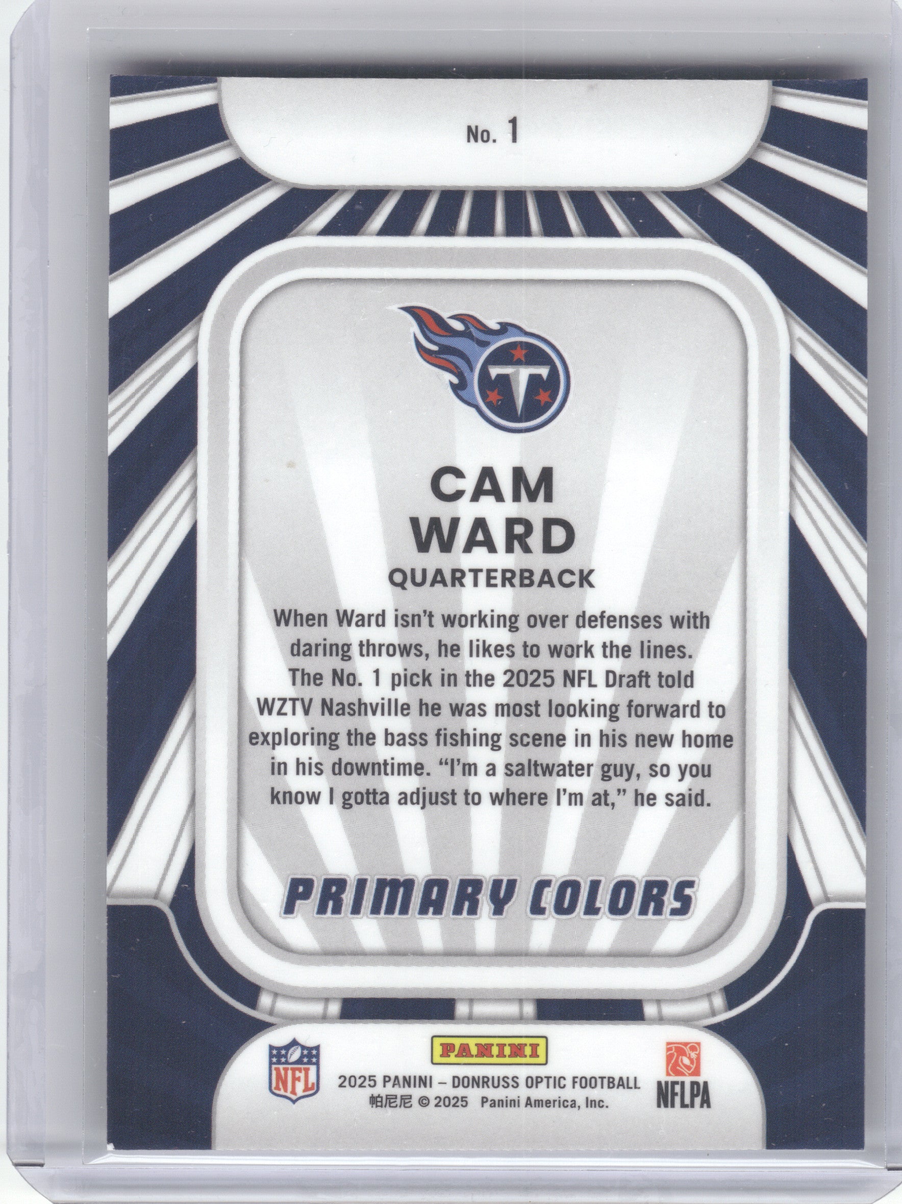2025 Donruss Optic #1 Cam Ward Rookie Primary Colors Tennessee Titans