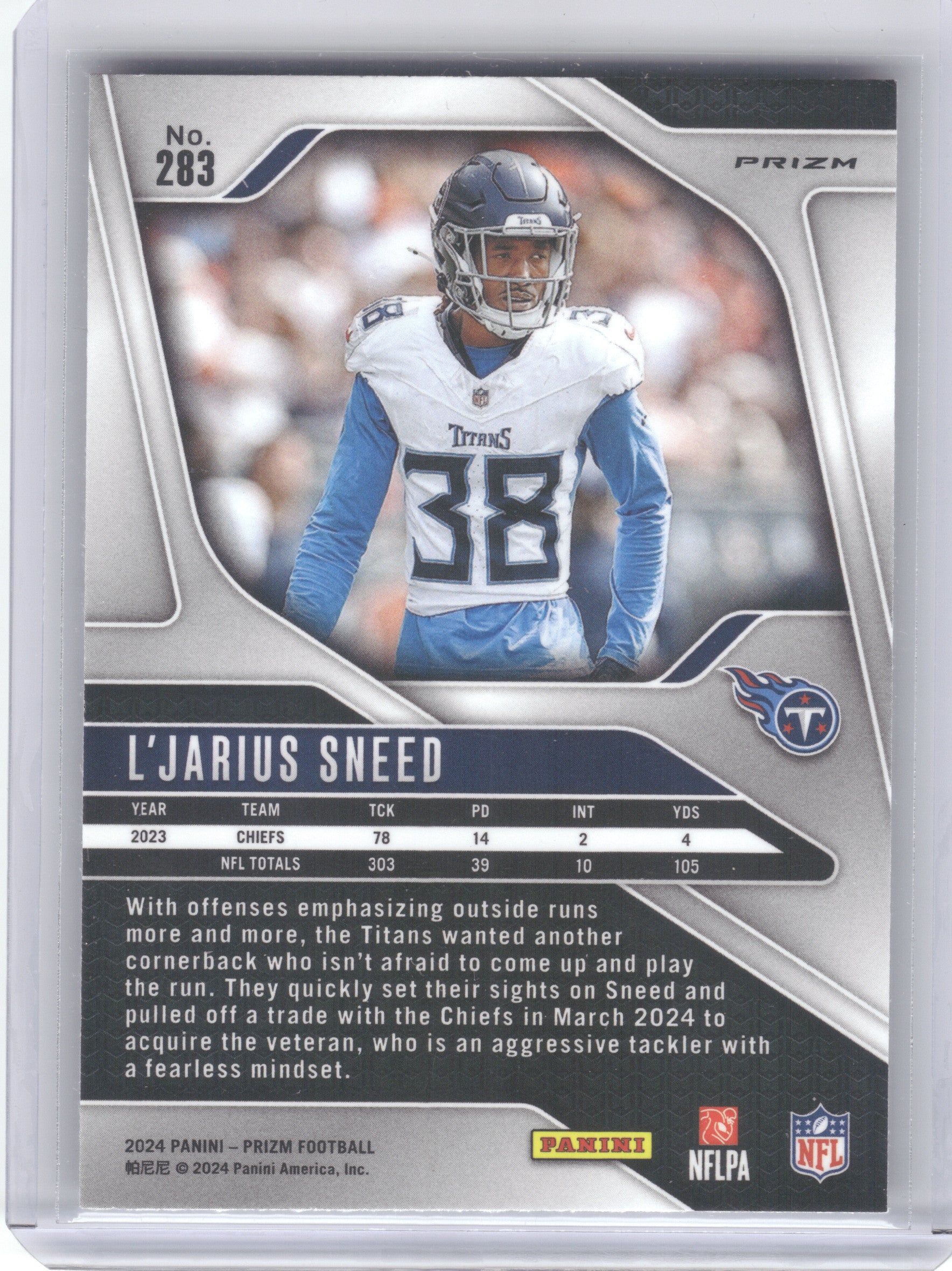 2024 Panini Prizm #283 L'Jarius Sneed Black and White Checker Tennessee Titans